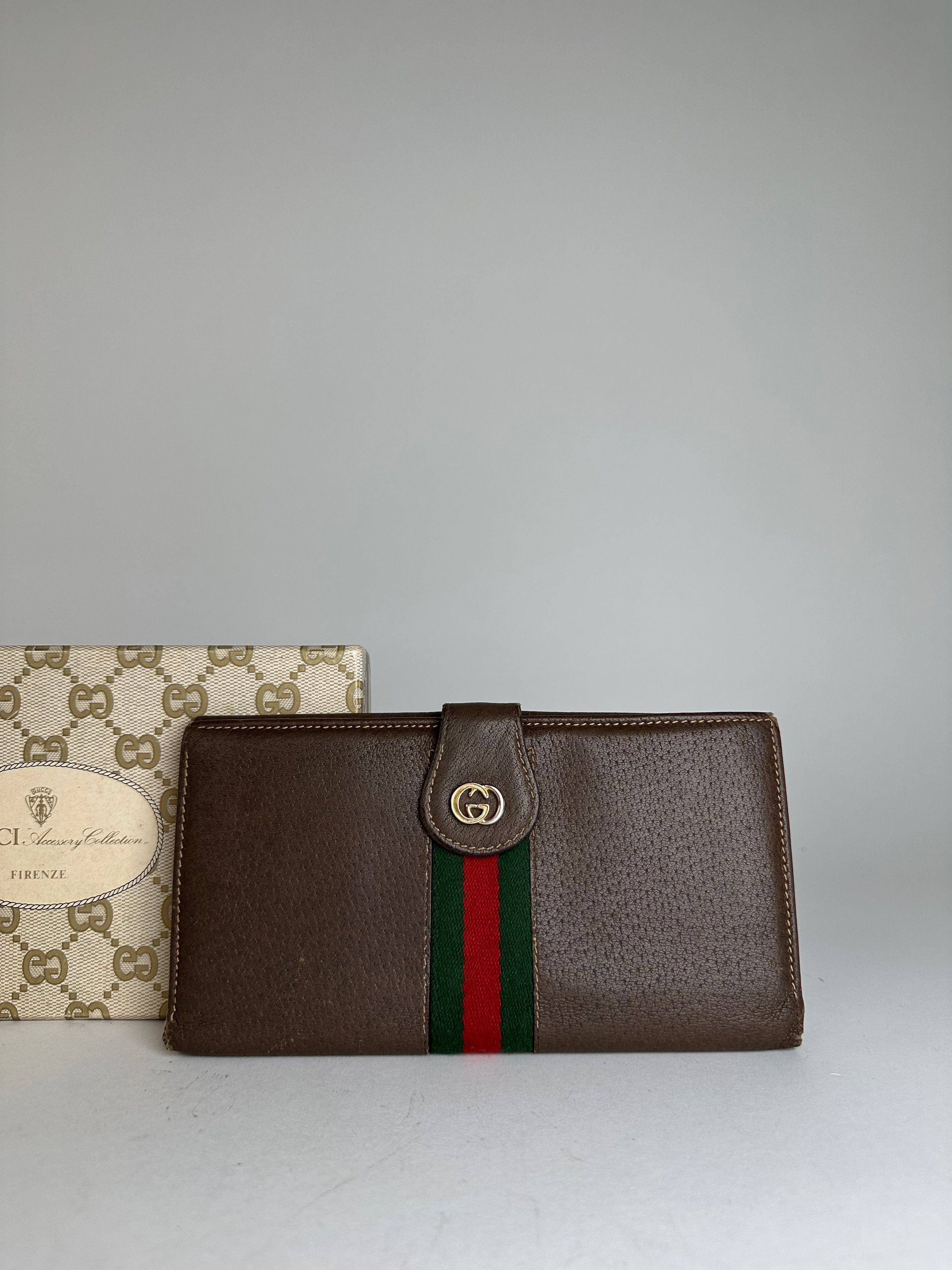 Gucci Vintage Web Stripe Leather Long Wallet Brown Size ONE SIZE - 10 Thumbnail