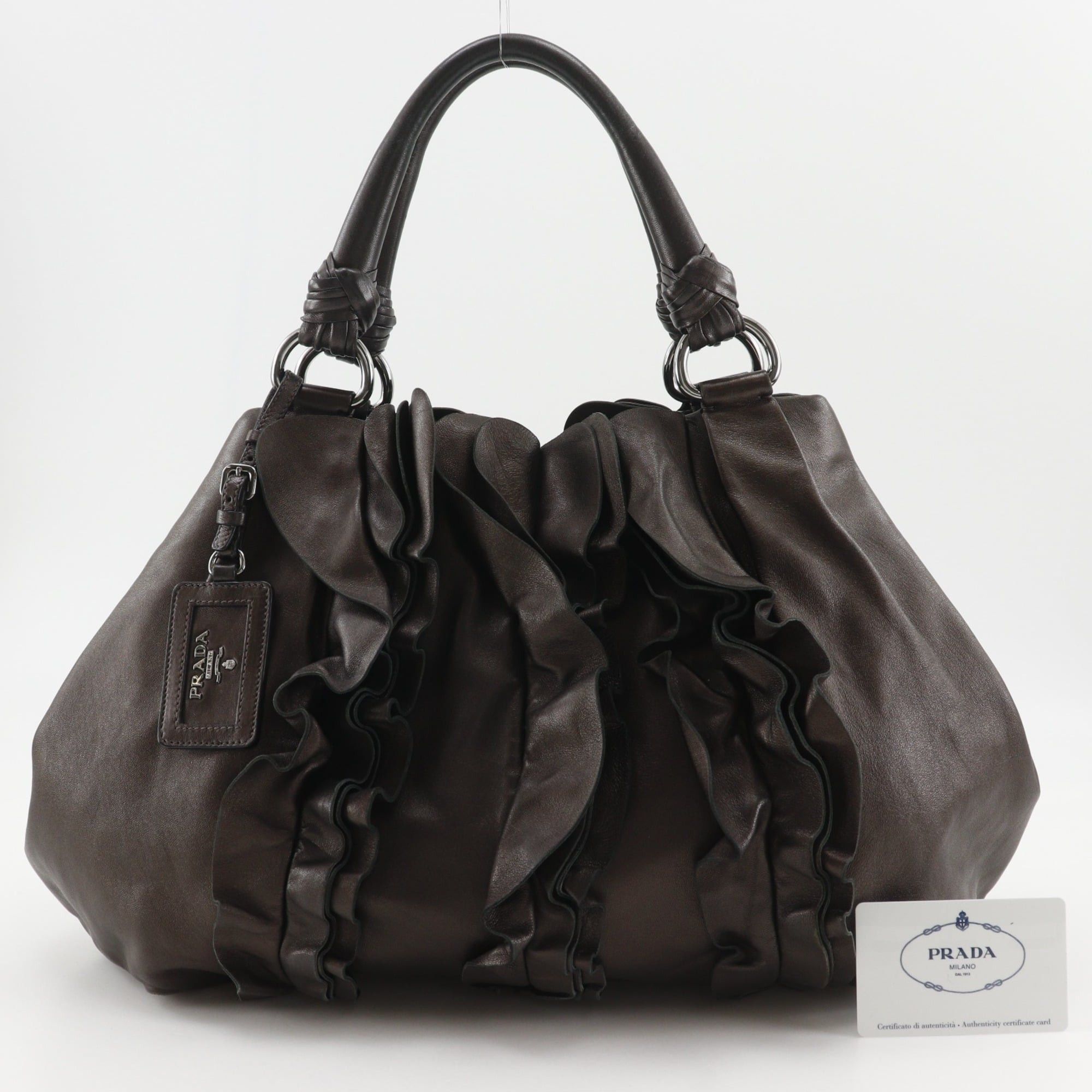 Prada Prada Frill Tote Bag BR3987 Leather Brown A4 Snap Button Women's Size ONE SIZE - 20 Thumbnail