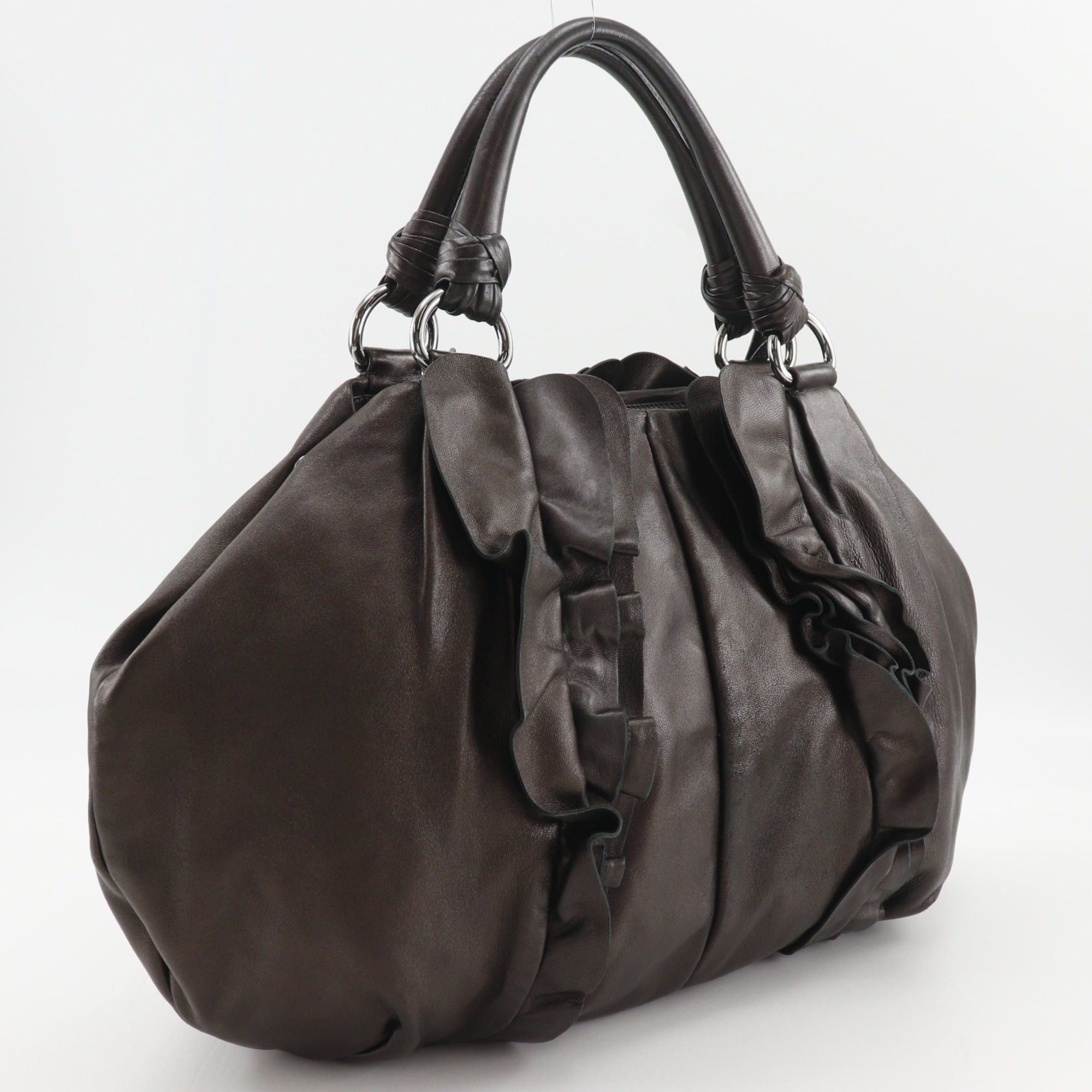 Prada Prada Frill Tote Bag BR3987 Leather Brown A4 Snap Button Women's Size ONE SIZE - 3 Thumbnail