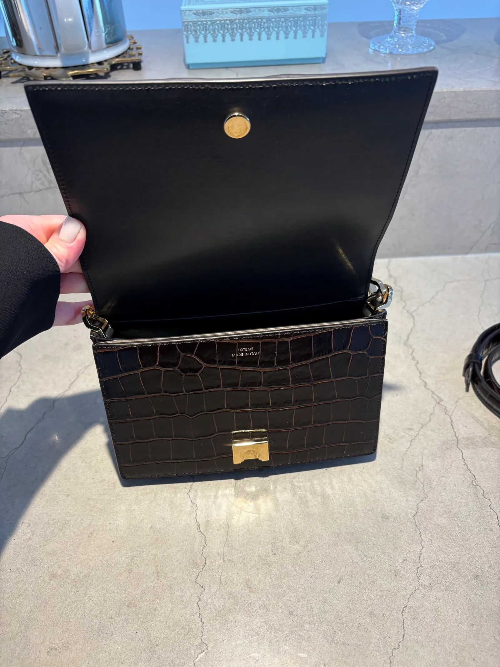 Toteme Toteme Mini T-flap croco-embossed bag dark brown Clutch. bag Size ONE SIZE - 5 Thumbnail