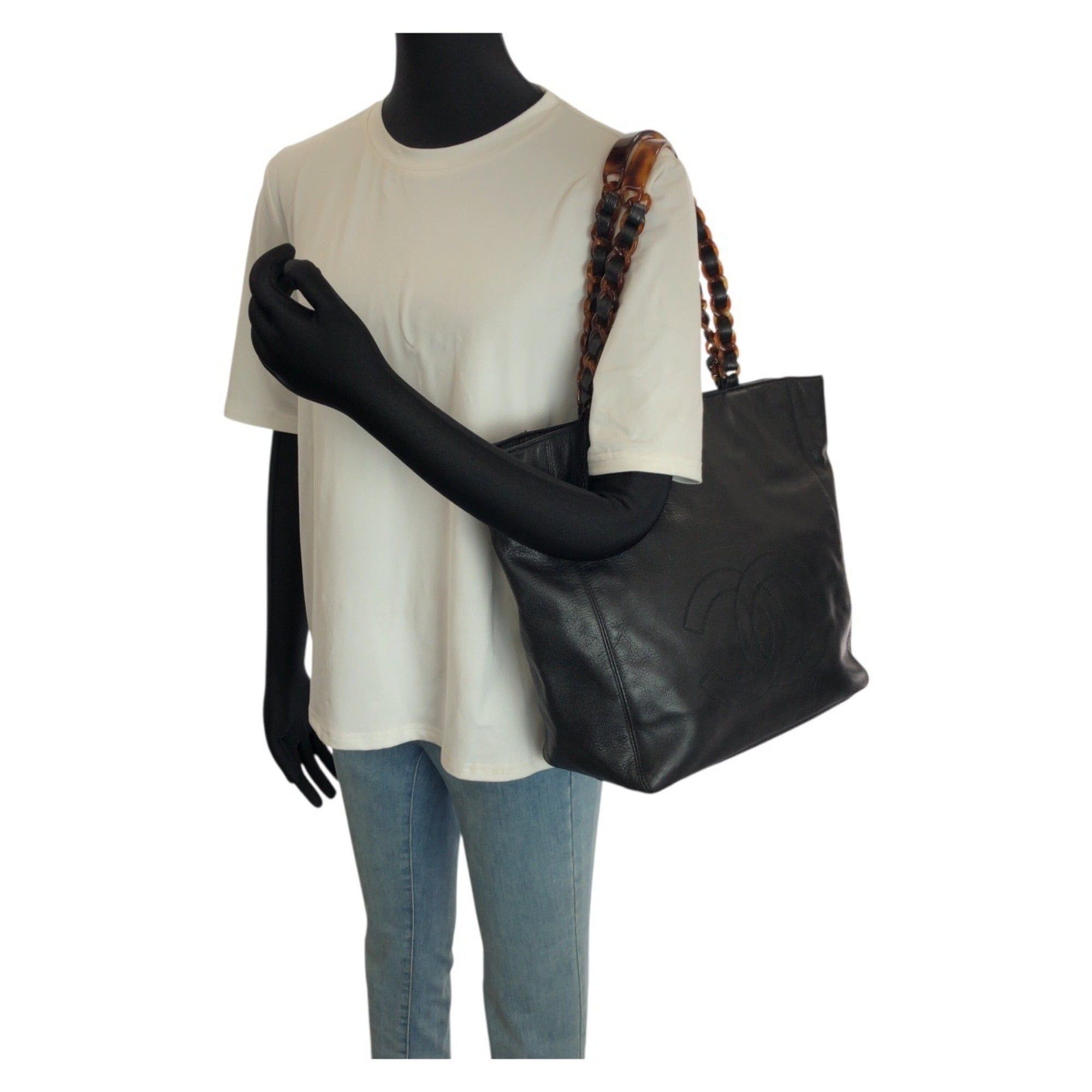 Chanel CHANEL Vintage Coco Mark Marble Chain Black Caviar Leather Tote Bag Shoulder for Women Size ONE SIZE - 7 Thumbnail
