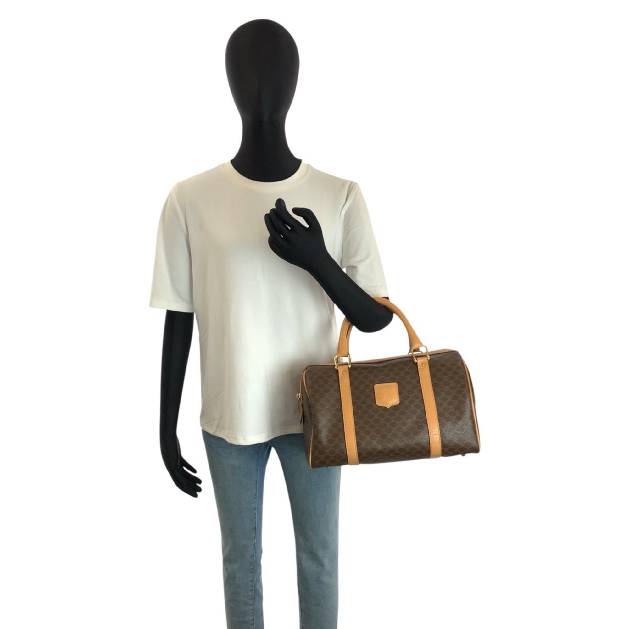 Celine CELINE Vintage Macadam Brown Leather Handbag Boston Bag M14 with Gold Hardware - Women's Size ONE SIZE - 6 Thumbnail