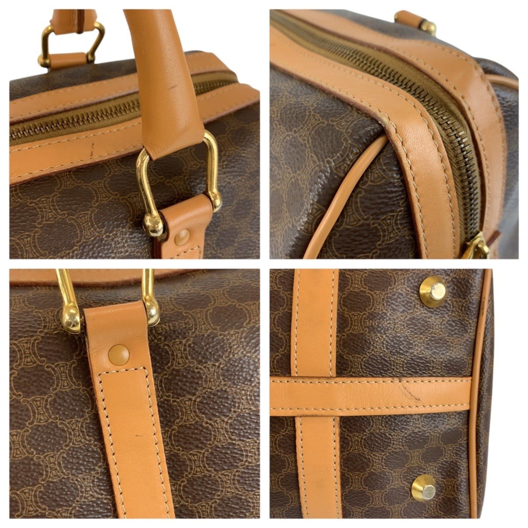 Celine CELINE Vintage Macadam Brown Leather Handbag Boston Bag M14 with Gold Hardware - Women's Size ONE SIZE - 5 Thumbnail