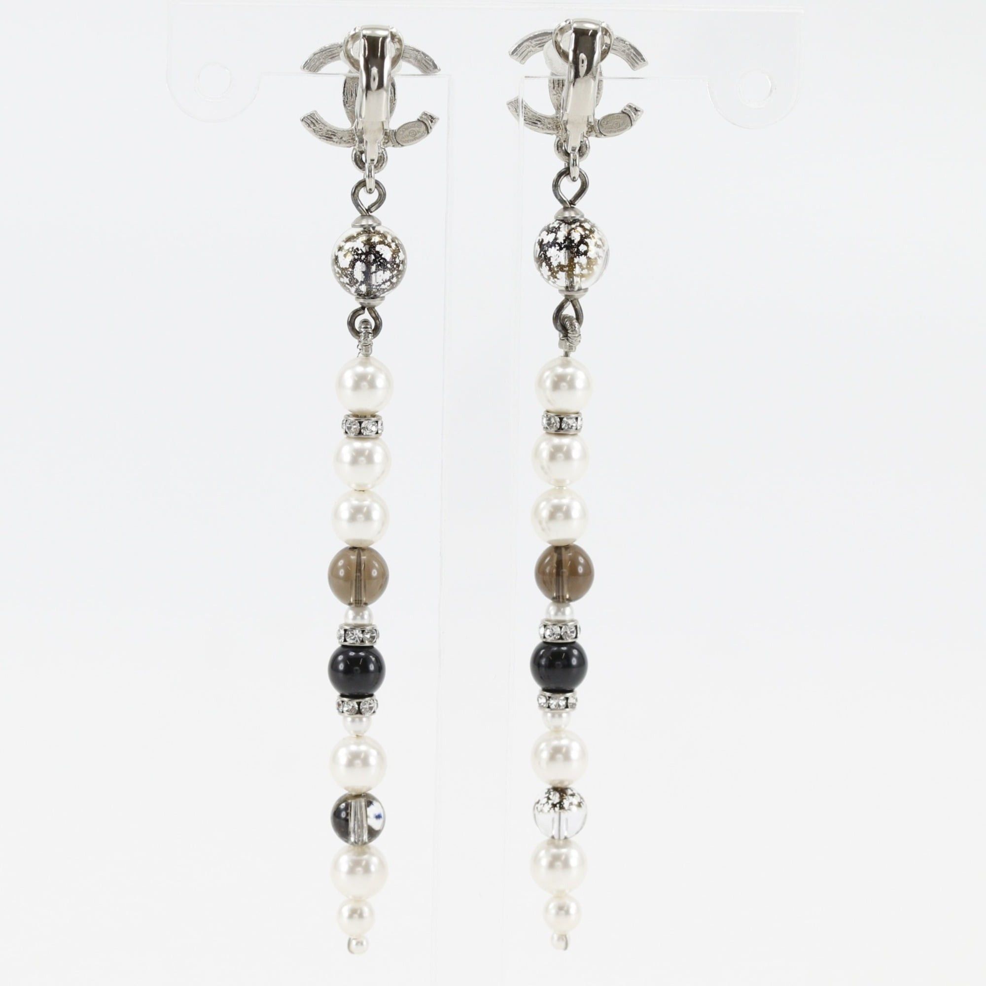 Chanel Chanel Coco Mark Earrings, Long, Metal x Faux Pearl Rhinestone, 2019 Model, Silver, A19K Gold, Approx. 11.0g, Women's. Size ONE SIZE - 3 Thumbnail