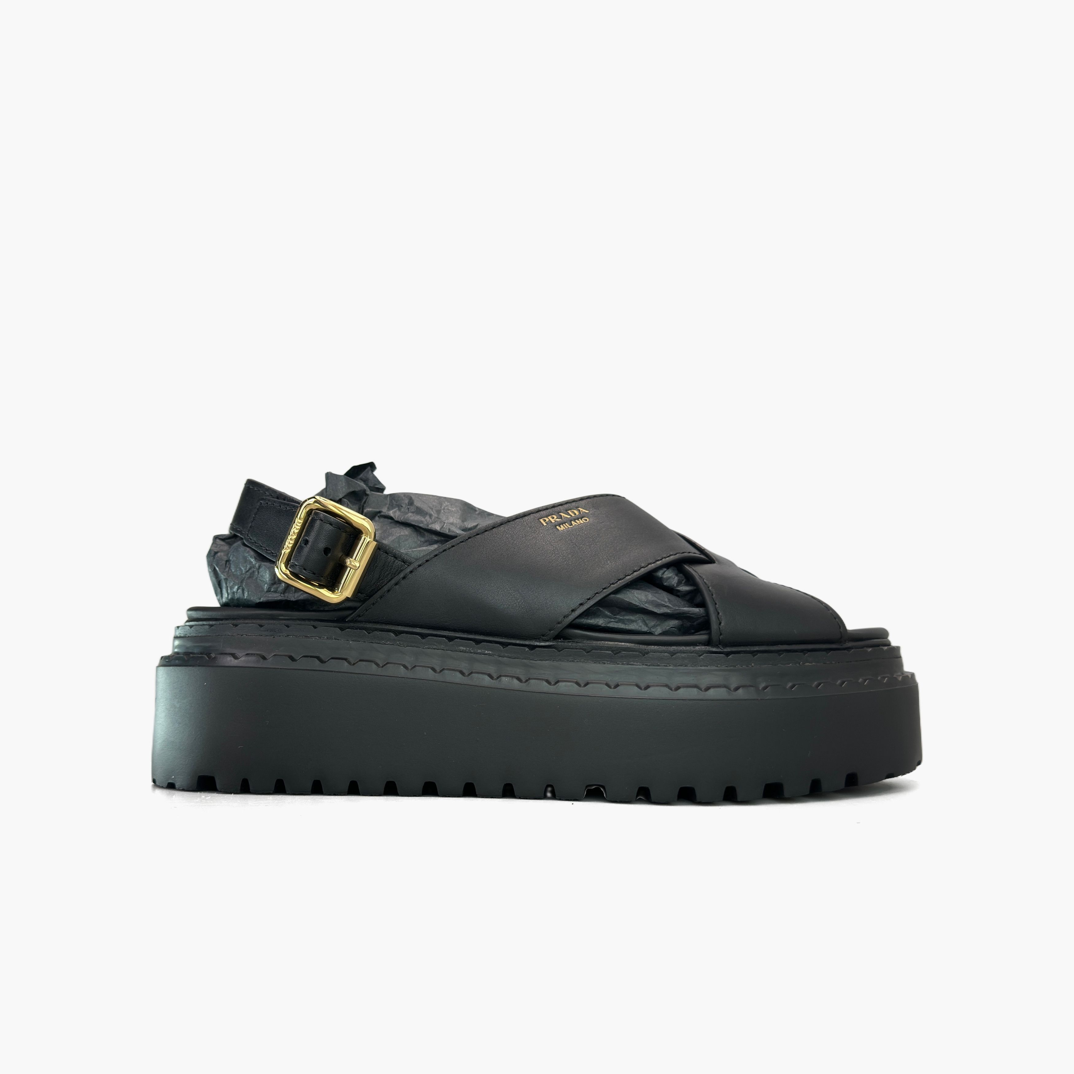 Prada Prada Black Leather Platform Sandals Size 37.5 Size US 7.5 / IT 37.5 - 4 Thumbnail