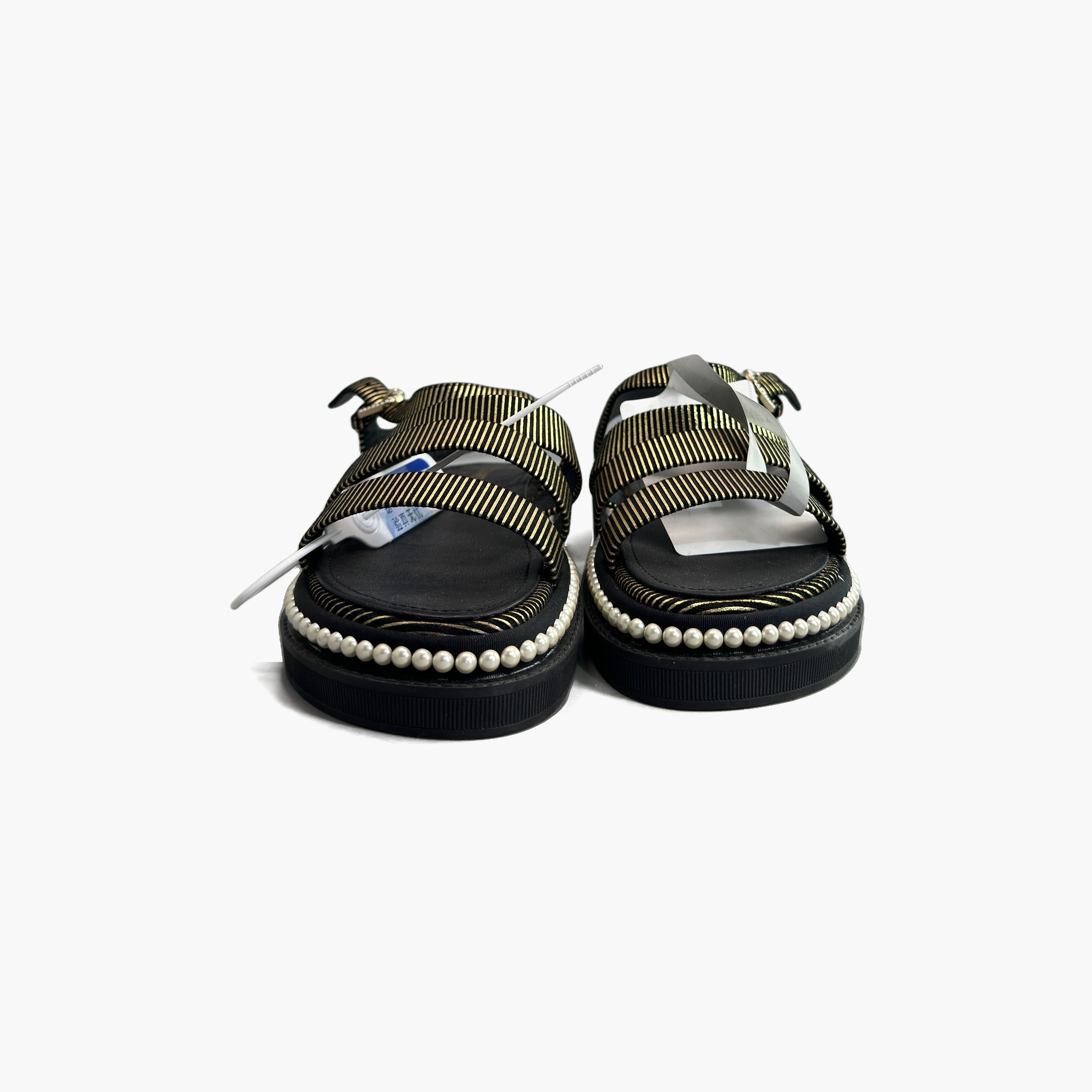 Chanel Chanel Gold Striped Pearl Sandals Size 37.5 Size US 7.5 / IT 37.5 - 5 Thumbnail