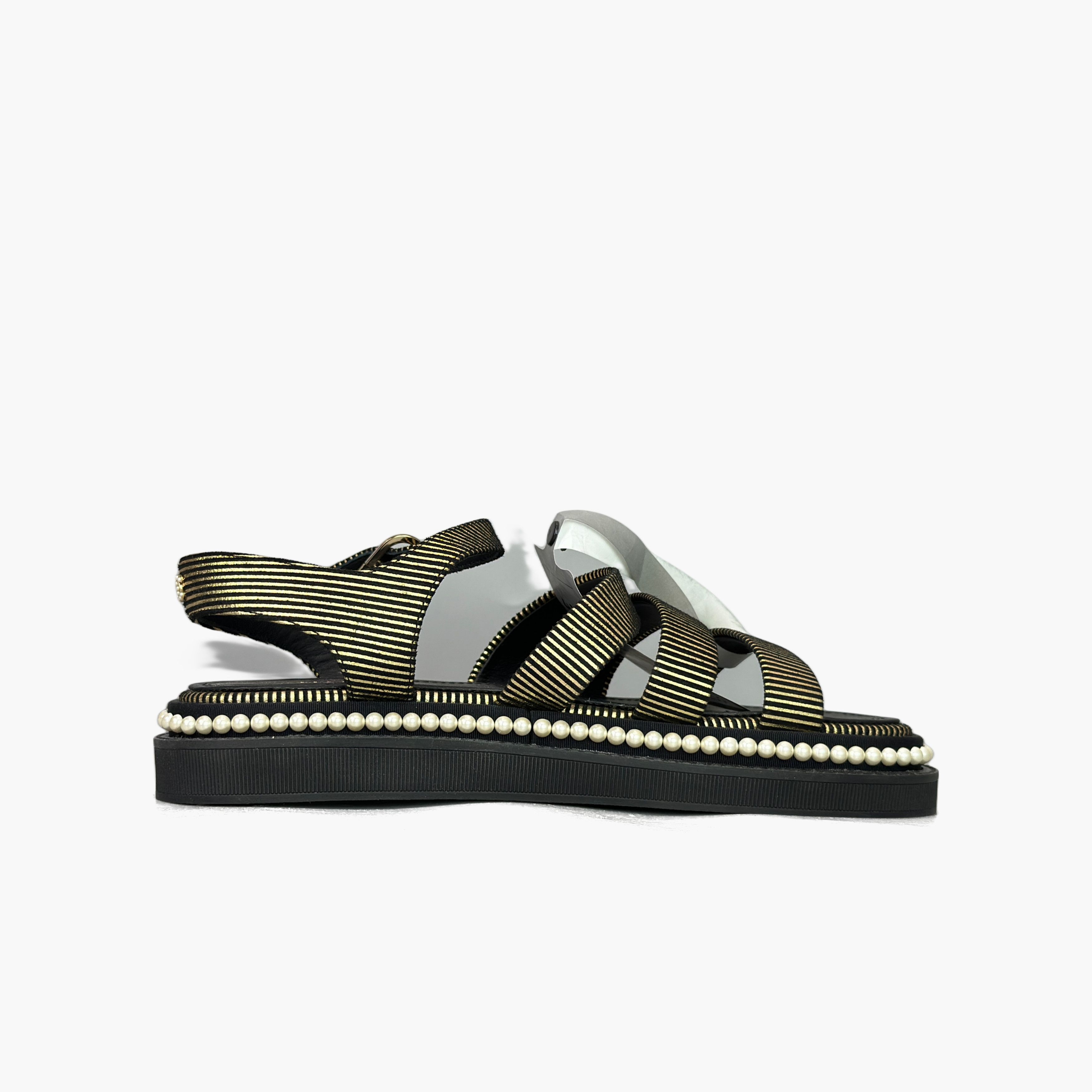 Chanel Chanel Gold Striped Pearl Sandals Size 37.5 Size US 7.5 / IT 37.5 - 2 Thumbnail