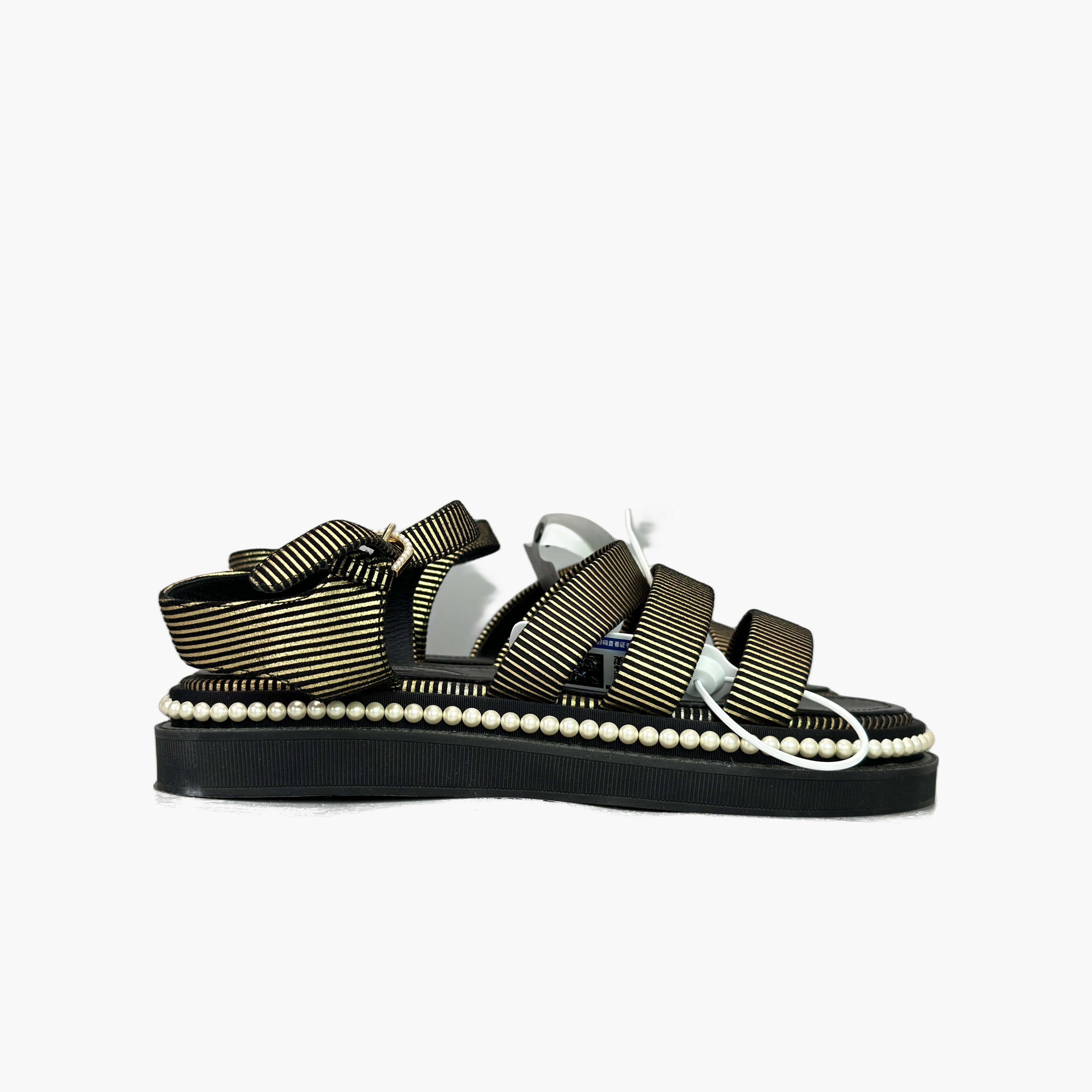 Chanel Chanel Gold Striped Pearl Sandals Size 37.5 Size US 7.5 / IT 37.5 - 4 Thumbnail