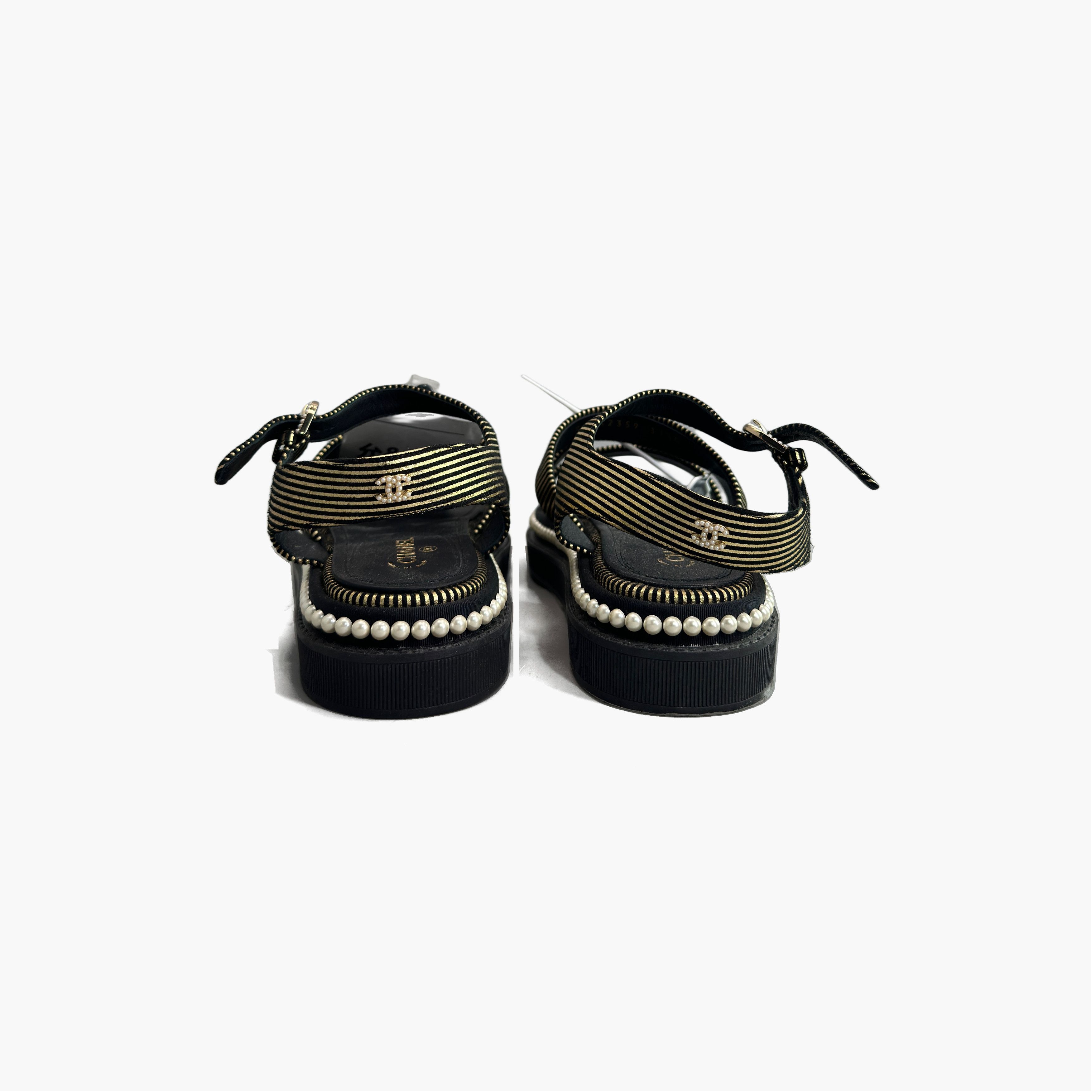 Chanel Chanel Gold Striped Pearl Sandals Size 37.5 Size US 7.5 / IT 37.5 - 6 Thumbnail