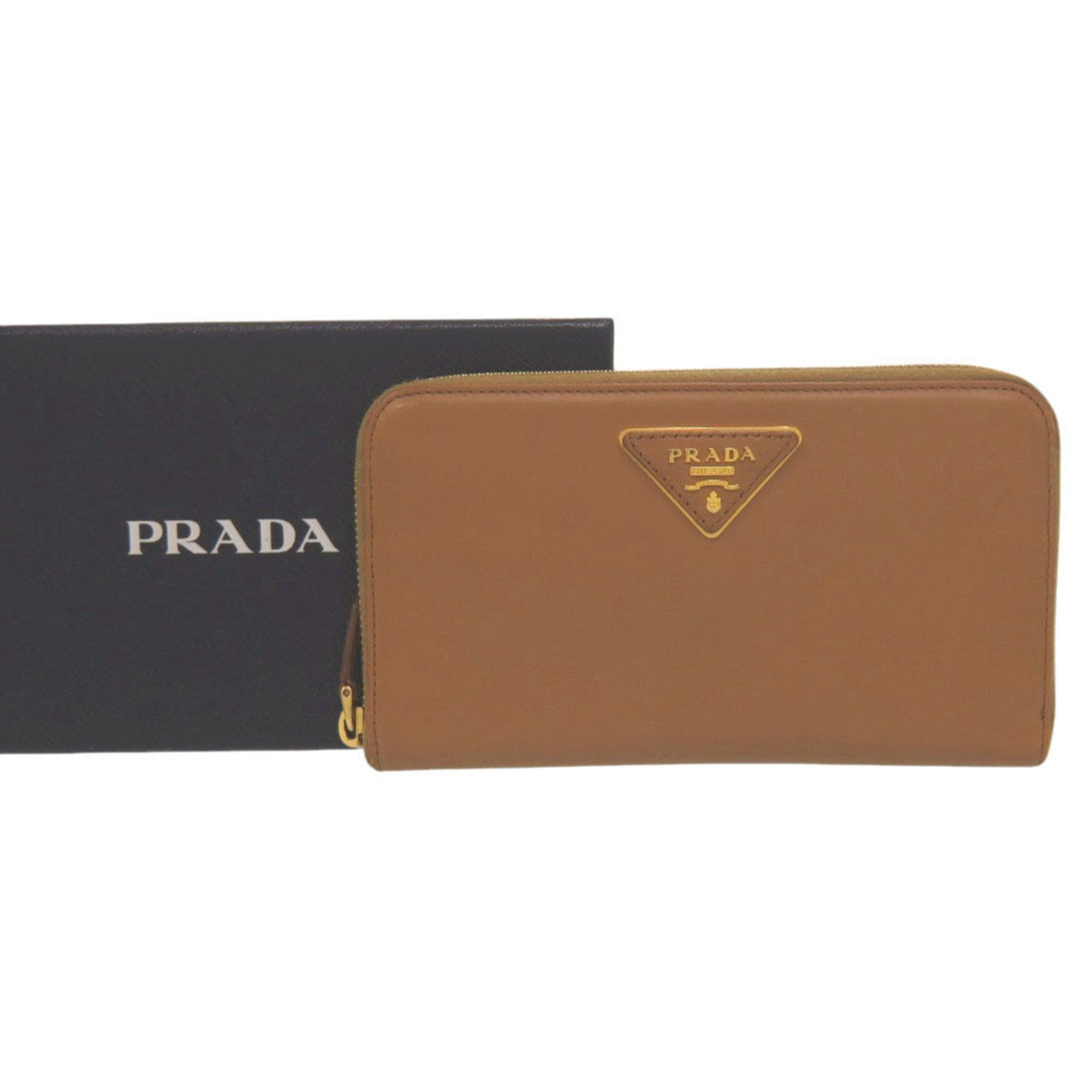 Prada Excellent condition Prada Triangle Logo Plate Round Zip Wallet 1M0506 Gold Hardware Leather Caramel Brown Long 0663PRADA Size ONE SIZE - 2 Thumbnail