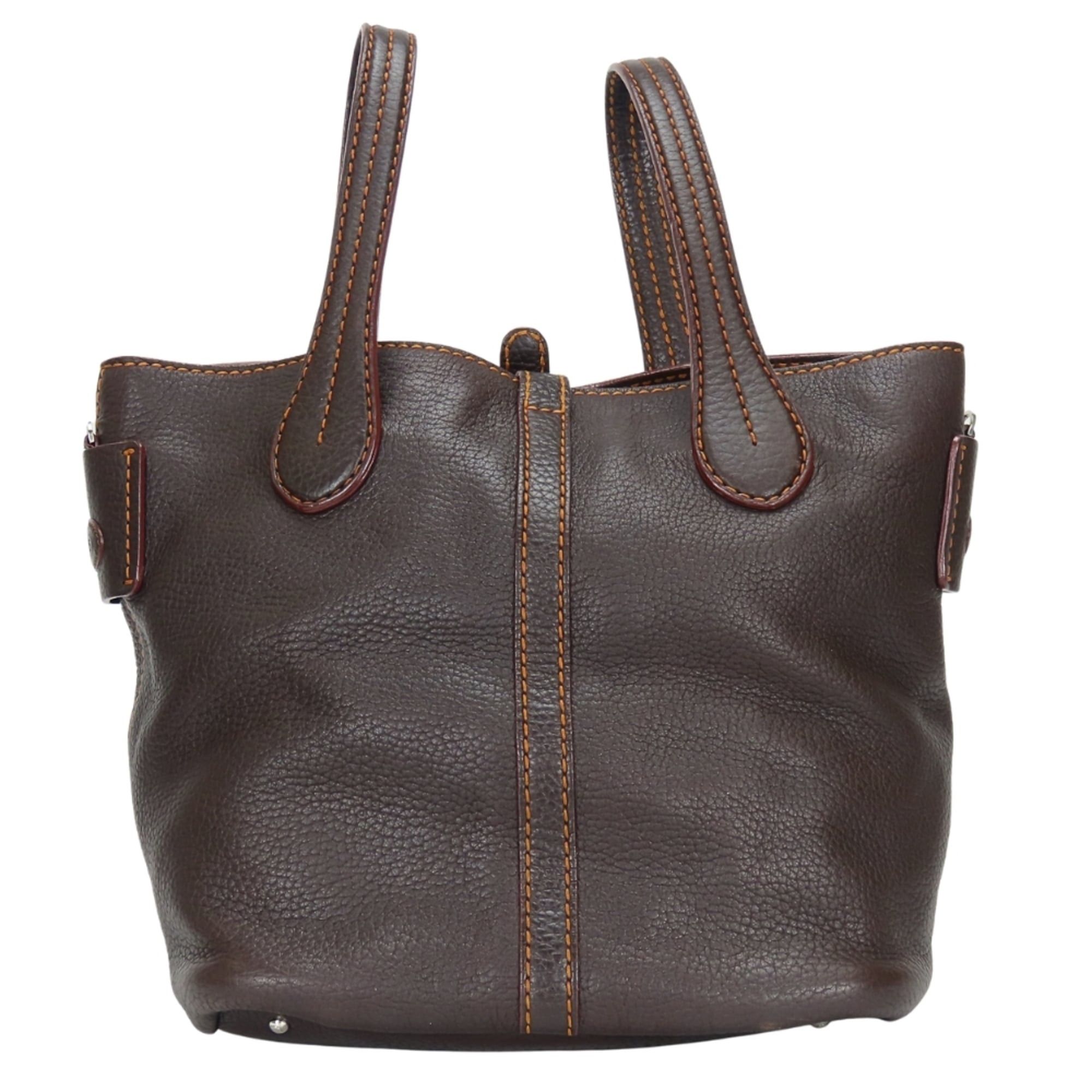 Tod's Tod's handbag, stitched leather, dark brown and orange, silver hardware, shoulder bag, women's. Size ONE SIZE - 4 Thumbnail