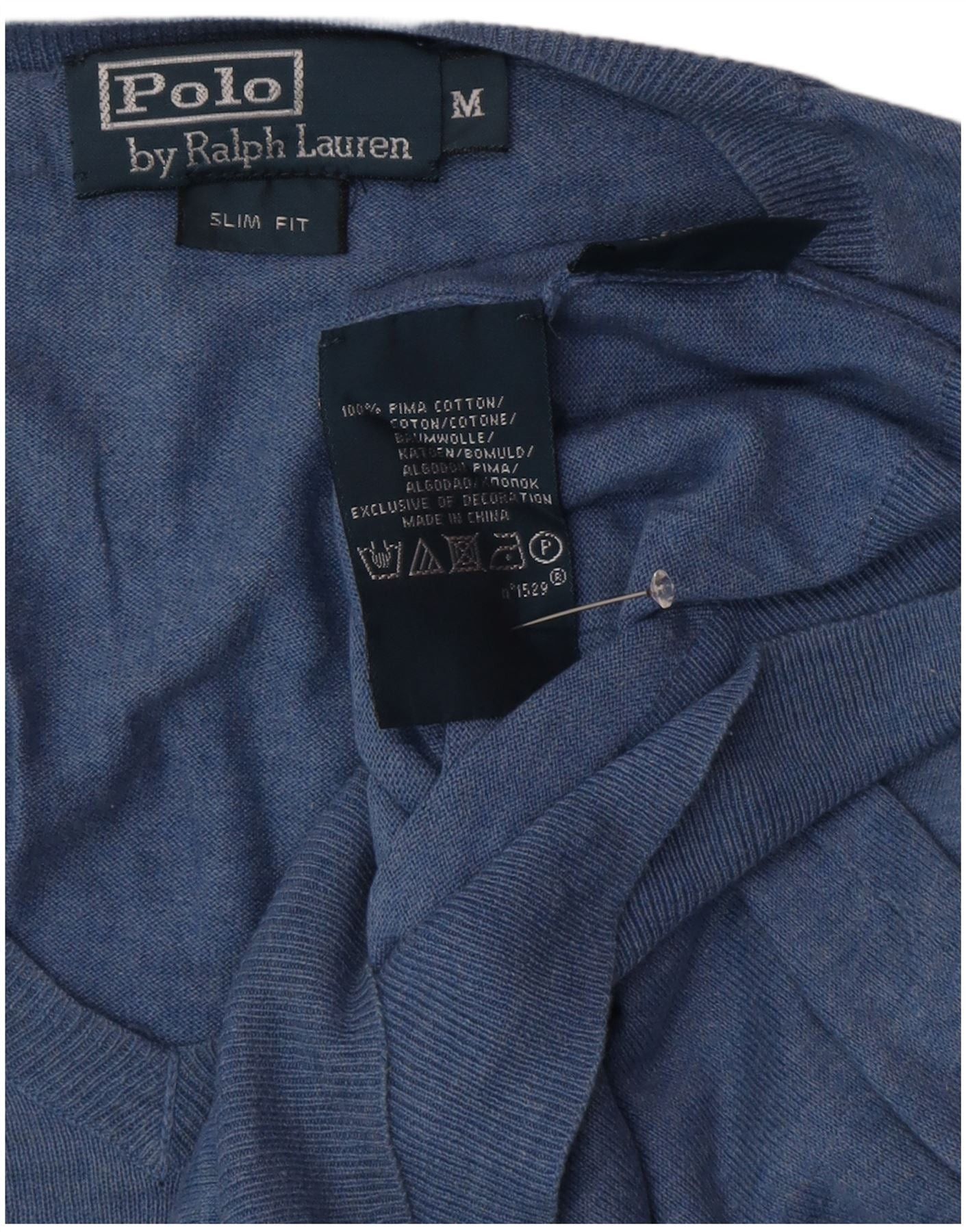 Polo Ralph Lauren Mens Slim Fit V-Neck Jumper Sweater Medium Blue Cotton Size US L / EU 52-54 / 3 - 3 Thumbnail