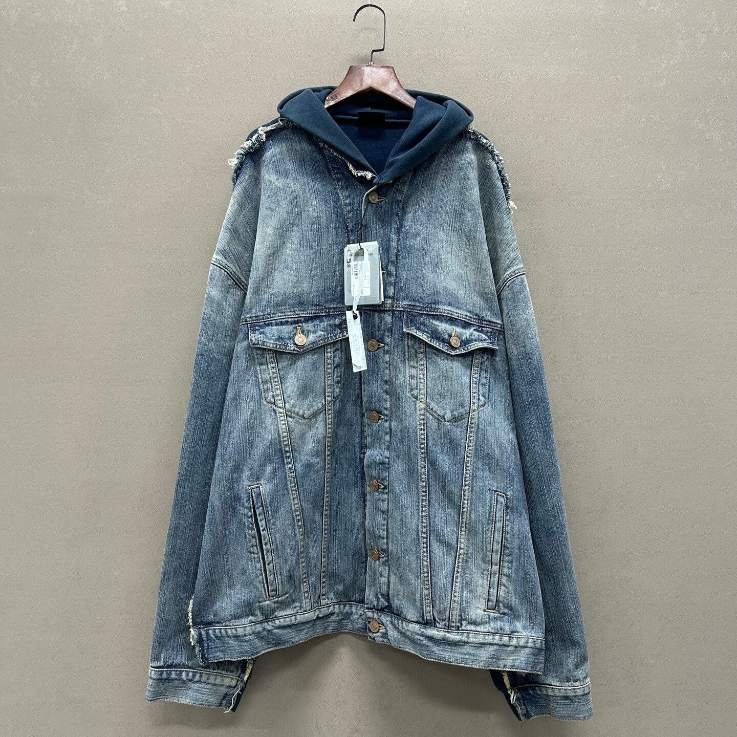 Balenciaga Balenciaga Distressed Denim Hoodie Jacket Size L Size US L / EU 52-54 / 3 - 2 Thumbnail