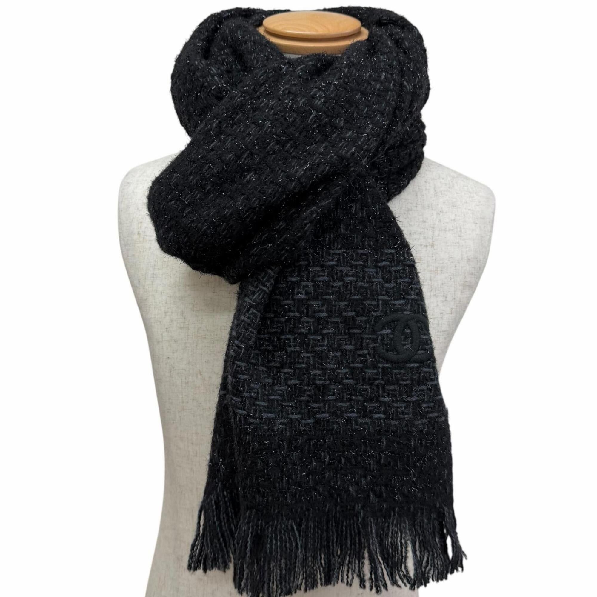 Chanel CHANEL YZ079068 80% Cashmere, Coco Mark Embroidered Large Shawl/Stole/Scarf, Black/Light Blue, Authentic, Men's/Women's. Size ONE SIZE - 2 Thumbnail