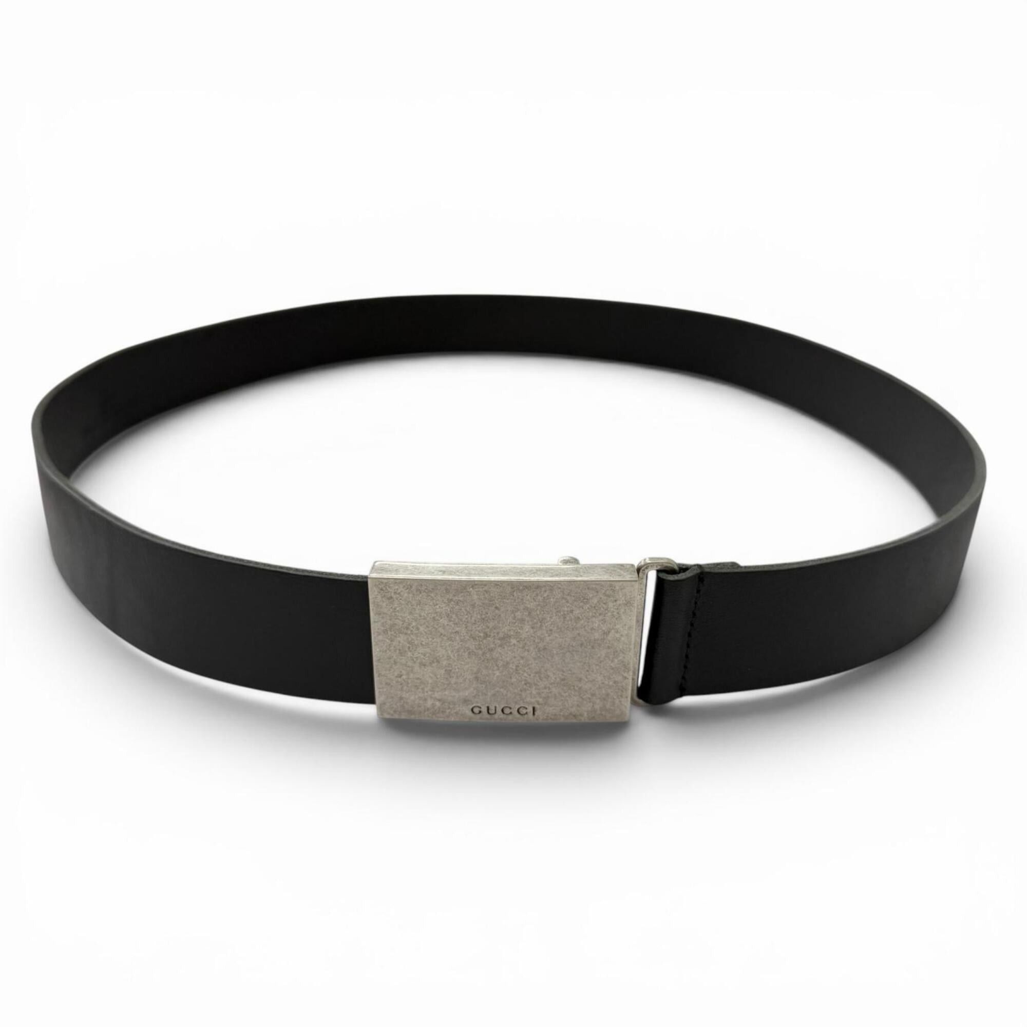 Gucci GUCCI 835193 Logo Buckle Antique Leather Belt, Silver and Black, Made in Italy, Size 90 36, Men's/Women's Size ONE SIZE - 2 Thumbnail