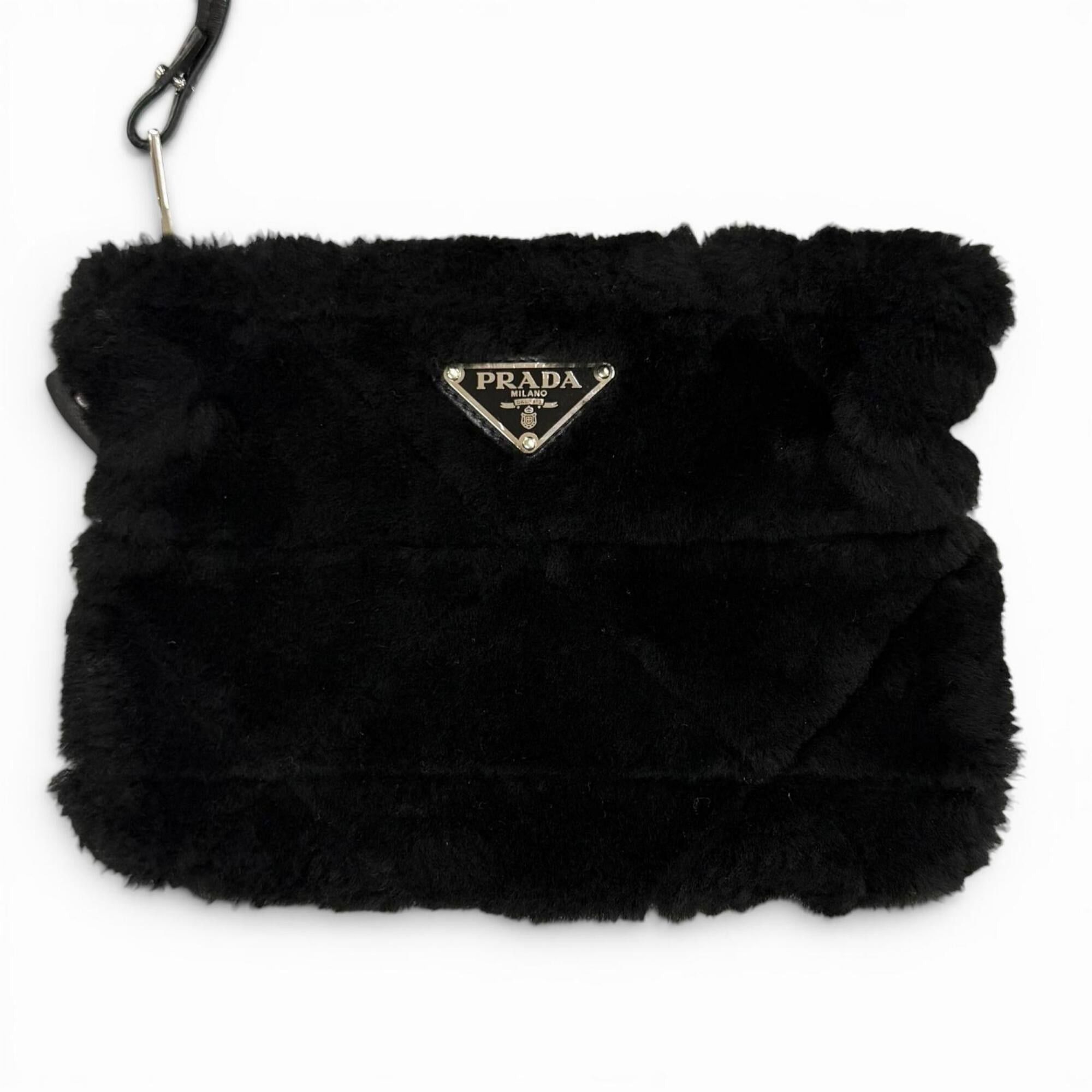 Prada PRADA 1BG378 Triangle Logo 2-Way Shearling Fur Shoulder Bag with Pouch, Black, Made in Italy, Women's, Dust Size ONE SIZE - 11 Thumbnail