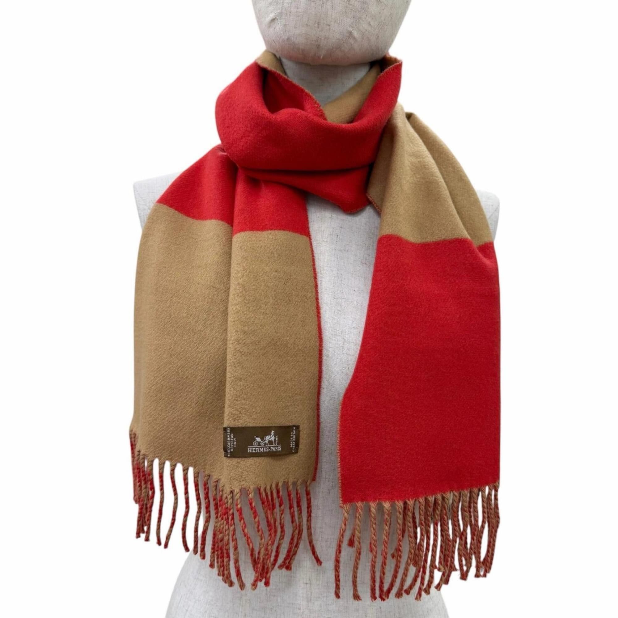 Hermes HERMES 100% Cashmere Fringe Bicolor Stole/Scarf, Red/Brown, Women's, with Box Size ONE SIZE - 4 Thumbnail