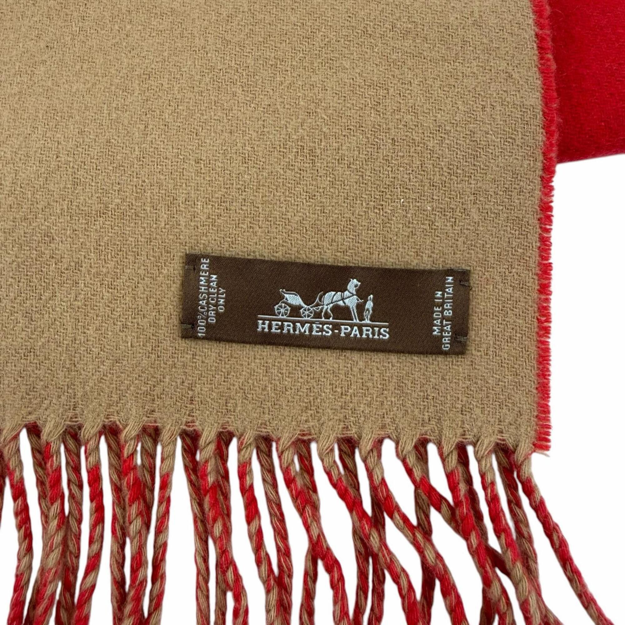 Hermes HERMES 100% Cashmere Fringe Bicolor Stole/Scarf, Red/Brown, Women's, with Box Size ONE SIZE - 5 Thumbnail