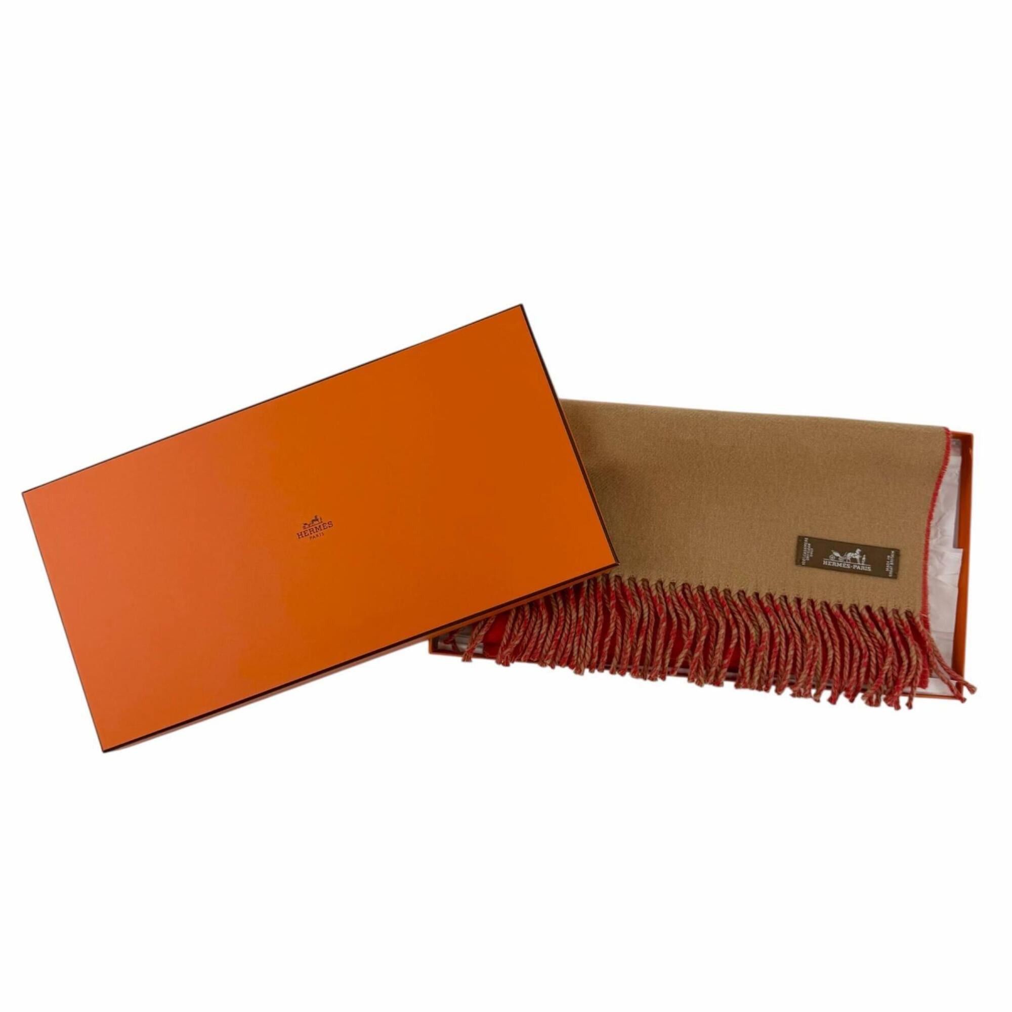Hermes HERMES 100% Cashmere Fringe Bicolor Stole/Scarf, Red/Brown, Women's, with Box Size ONE SIZE - 2 Thumbnail