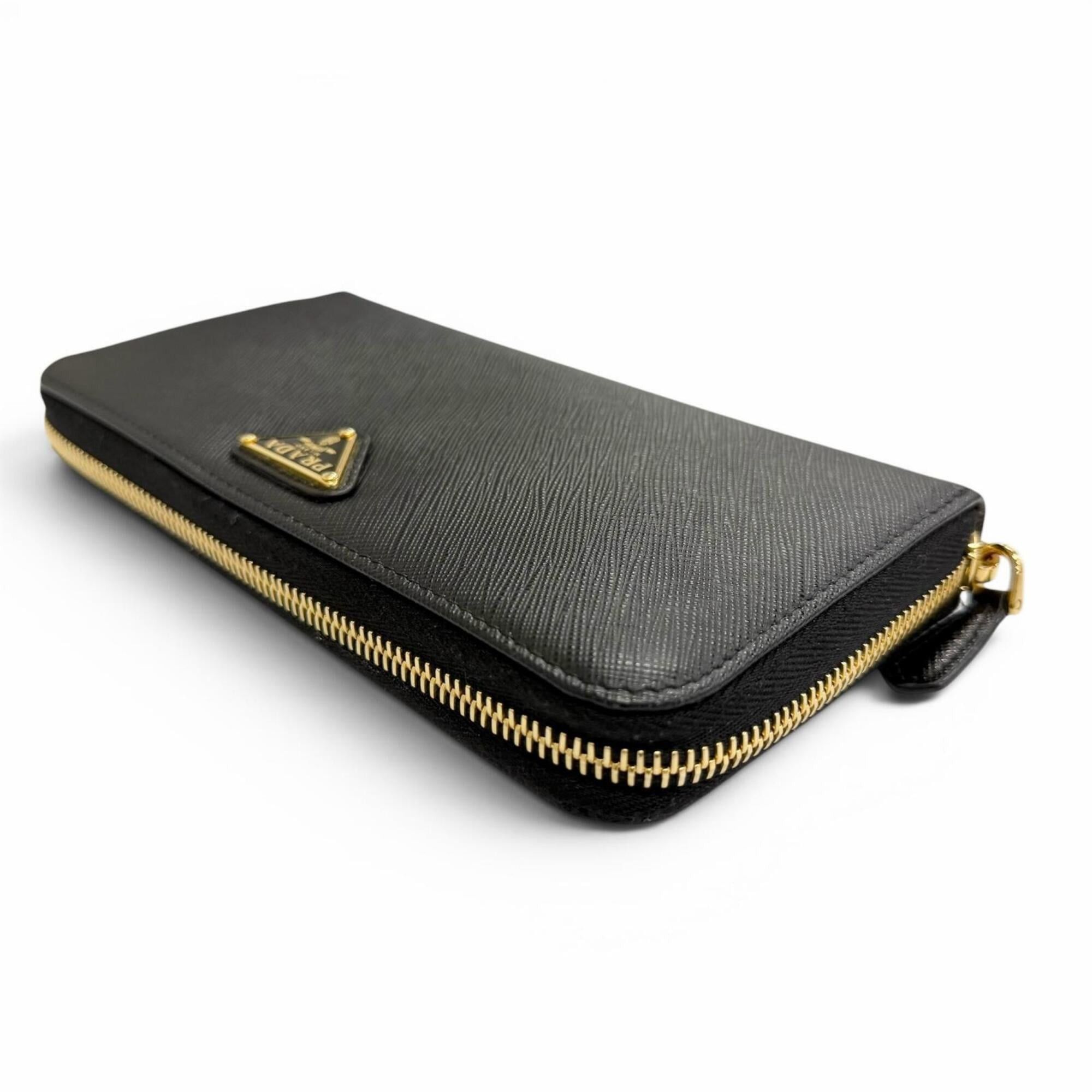 Prada PRADA 1ML506 Saffiano Leather Triangle Logo Round Zip Long Wallet, Black with Gold Hardware, Made in Italy, Women's Size ONE SIZE - 3 Thumbnail