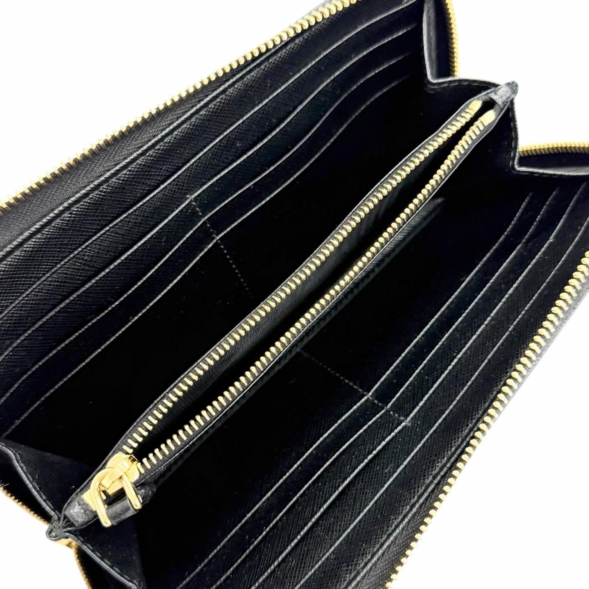 Prada PRADA 1ML506 Saffiano Leather Triangle Logo Round Zip Long Wallet, Black with Gold Hardware, Made in Italy, Women's Size ONE SIZE - 5 Thumbnail
