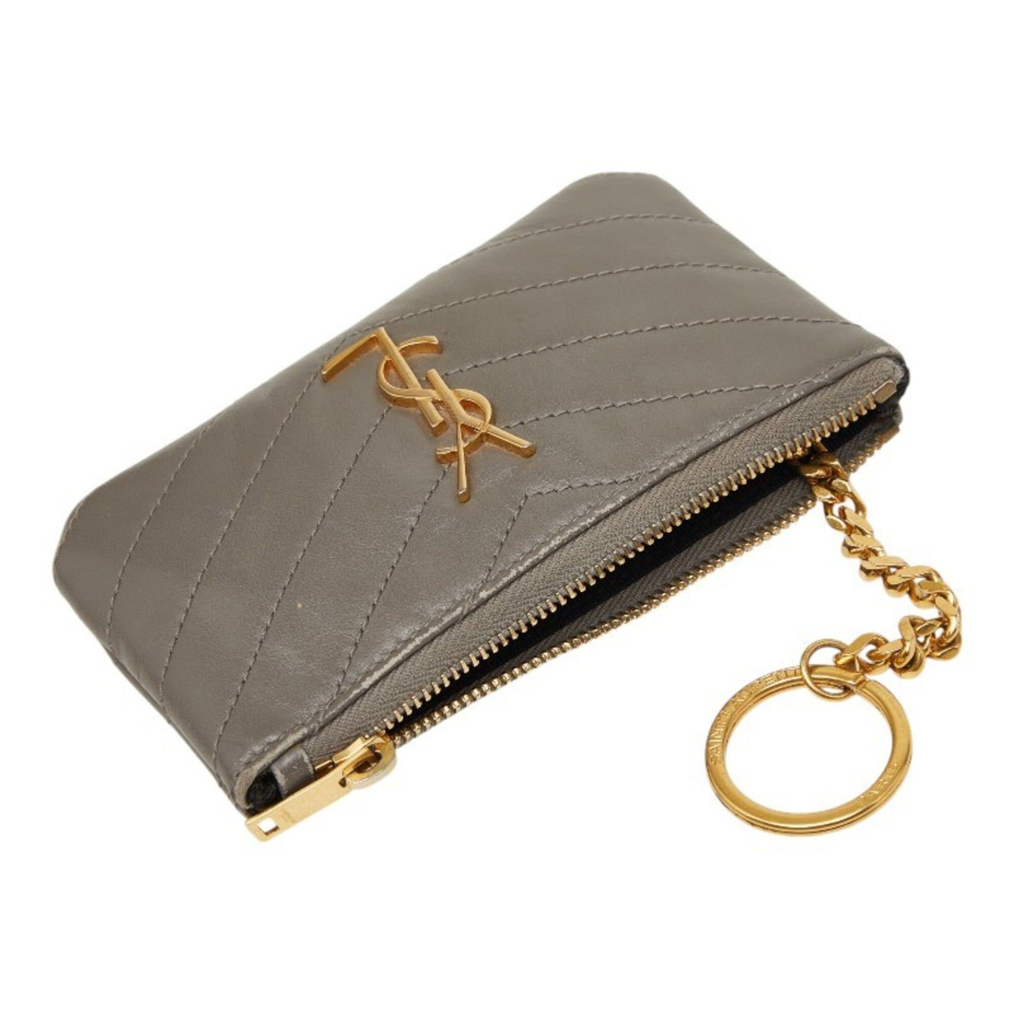 Saint Laurent Paris Saint Laurent V-stitch wallet/coin case, gray leather, women's. Size ONE SIZE - 6 Thumbnail