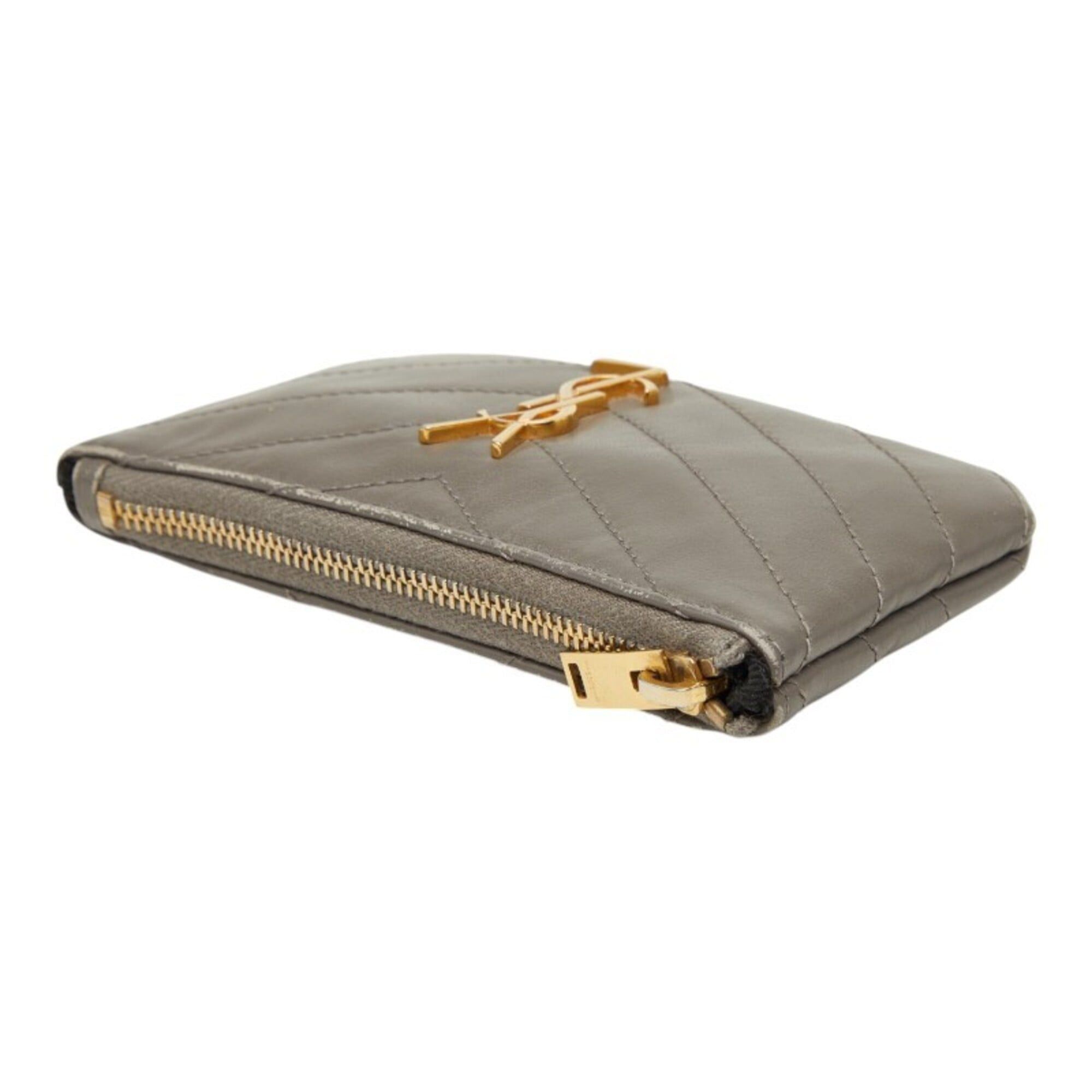 Saint Laurent Paris Saint Laurent V-stitch wallet/coin case, gray leather, women's. Size ONE SIZE - 5 Thumbnail