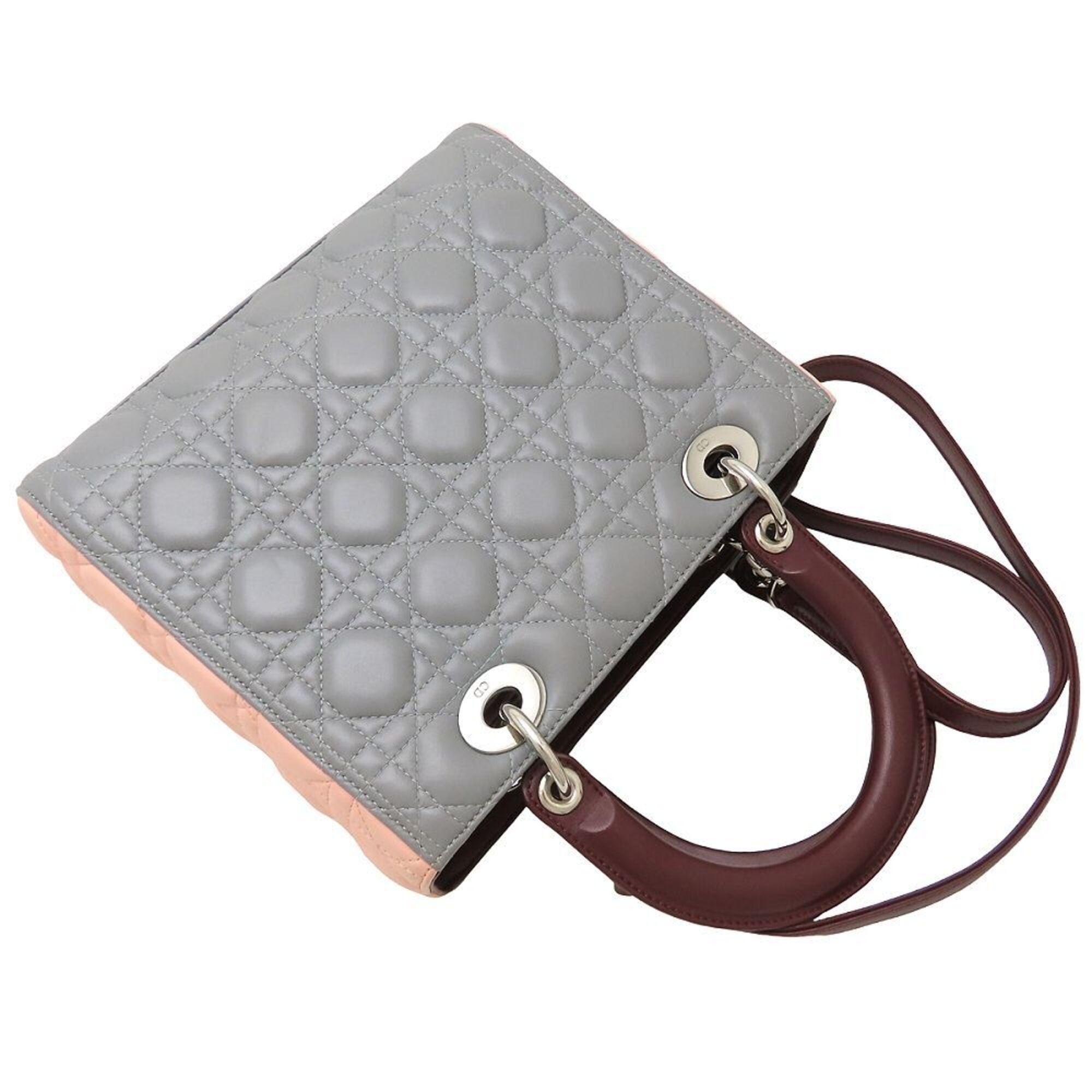 Dior Christian Dior Lady Medium Cannage Tricolor Handbag, Leather, Gray, Pink, Burgundy, Women's, 353277 Size ONE SIZE - 5 Thumbnail