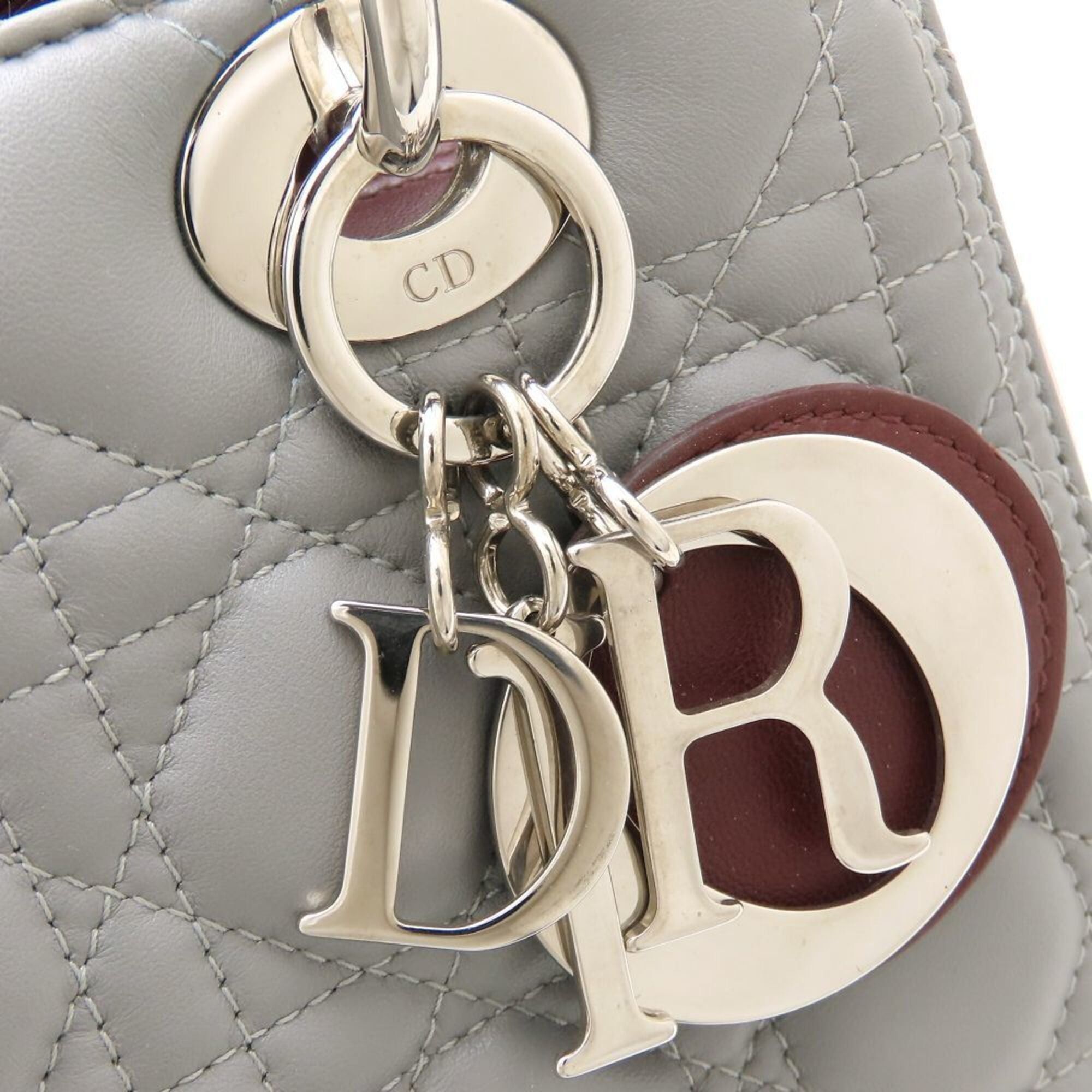 Dior Christian Dior Lady Medium Cannage Tricolor Handbag, Leather, Gray, Pink, Burgundy, Women's, 353277 Size ONE SIZE - 14 Thumbnail