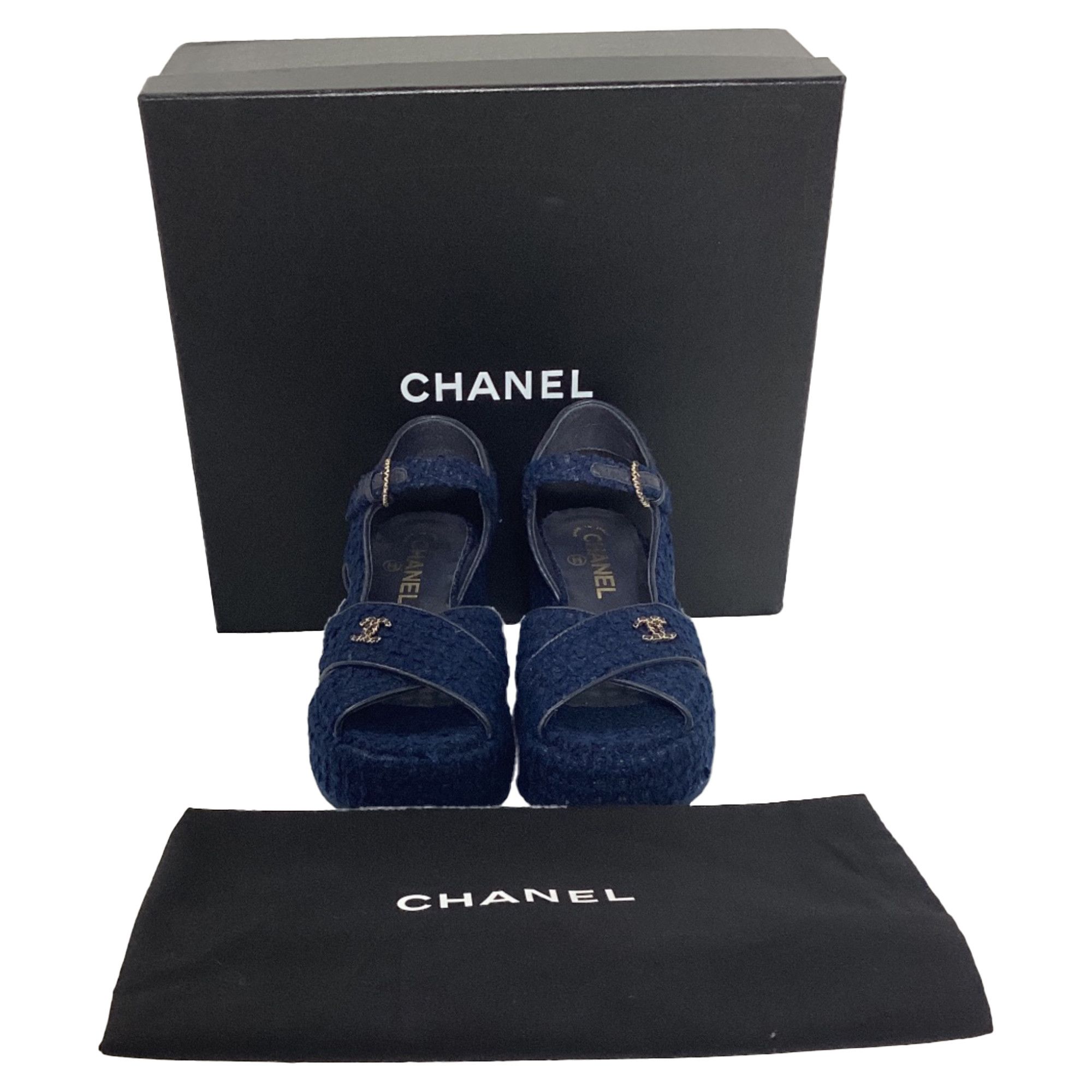 Chanel Chanel CC Wedge Sandals in Blue Cotton Tweed Size US 5.5 / IT 35.5 - 7 Thumbnail