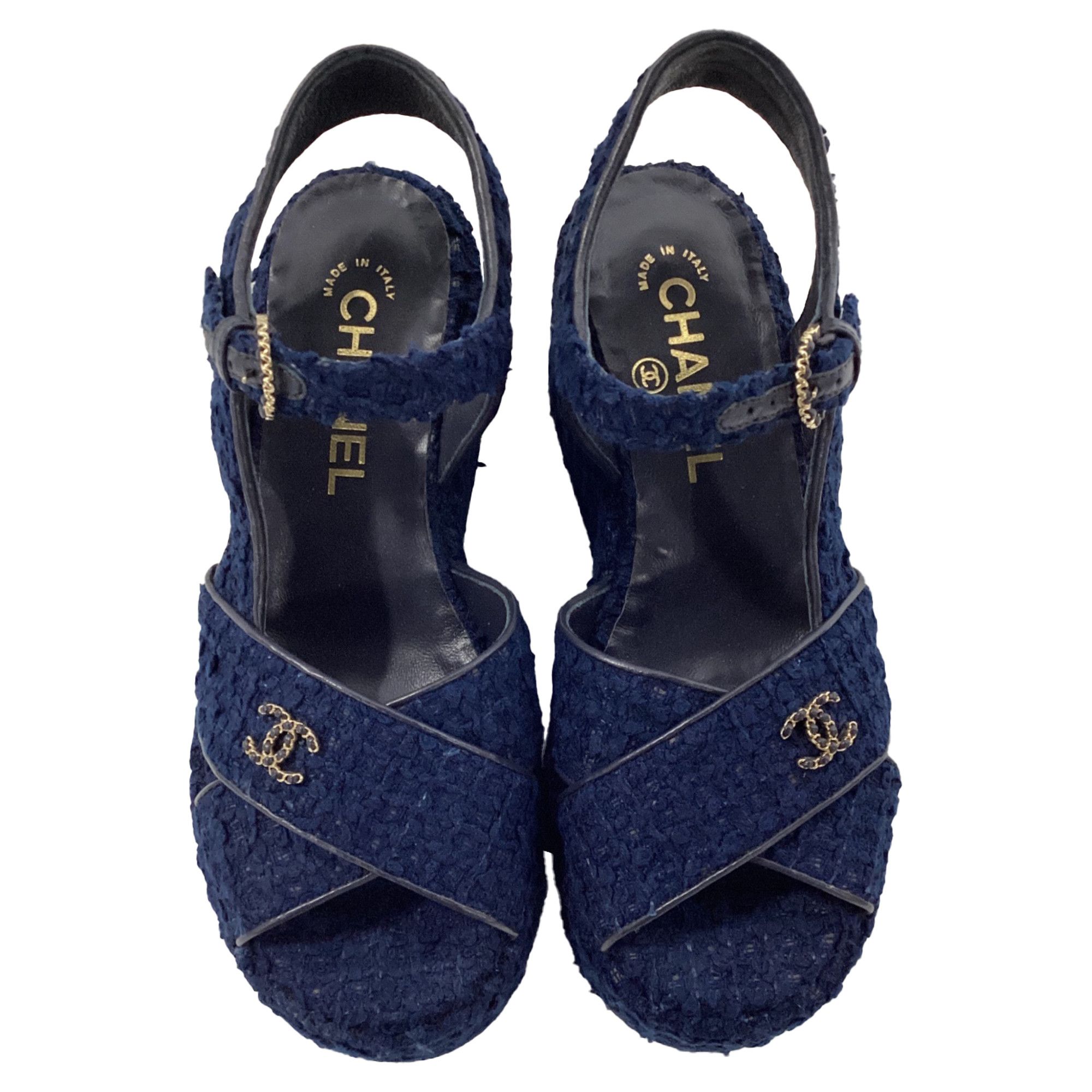 Chanel Chanel CC Wedge Sandals in Blue Cotton Tweed Size US 5.5 / IT 35.5 - 3 Thumbnail