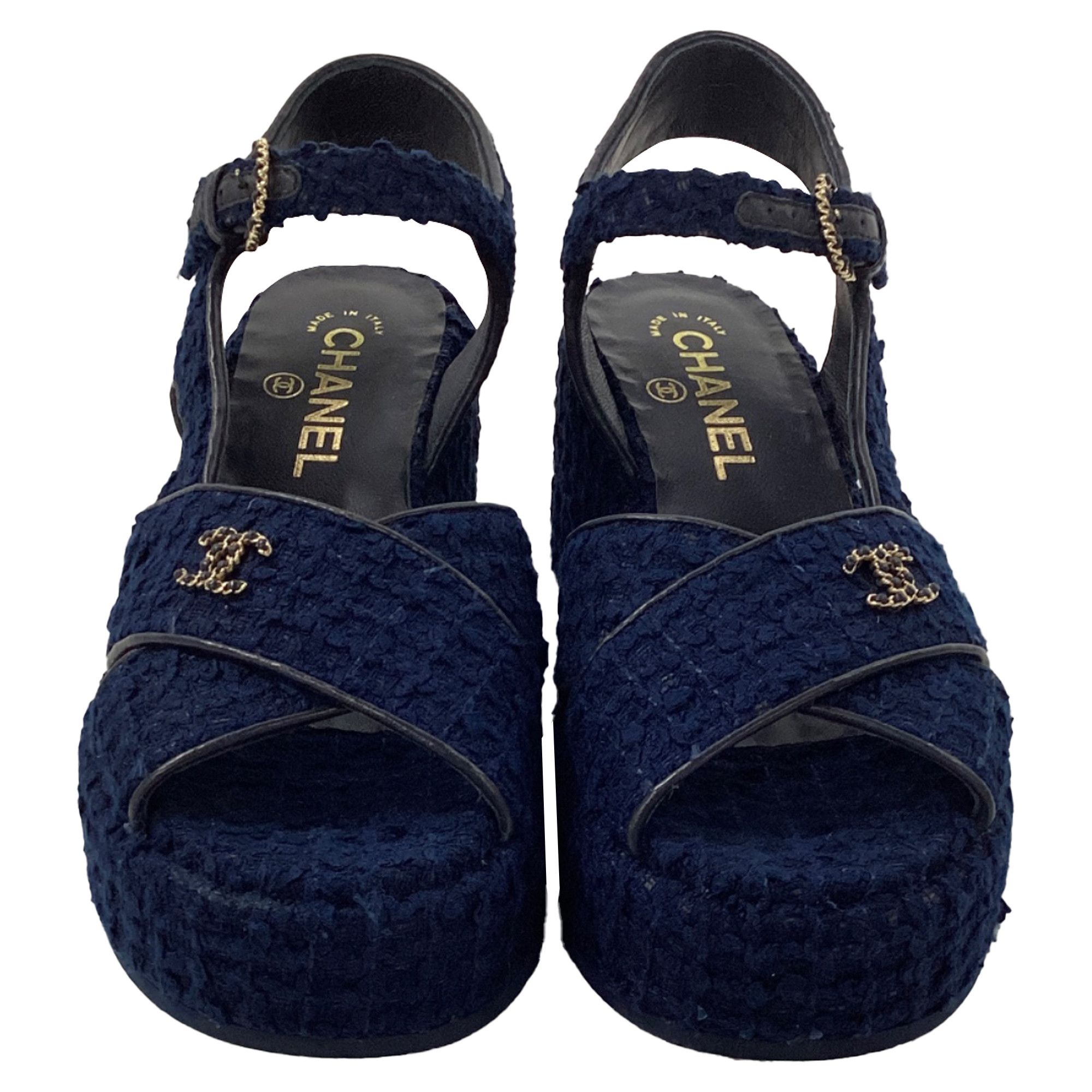 Chanel Chanel CC Wedge Sandals in Blue Cotton Tweed Size US 5.5 / IT 35.5 - 2 Thumbnail