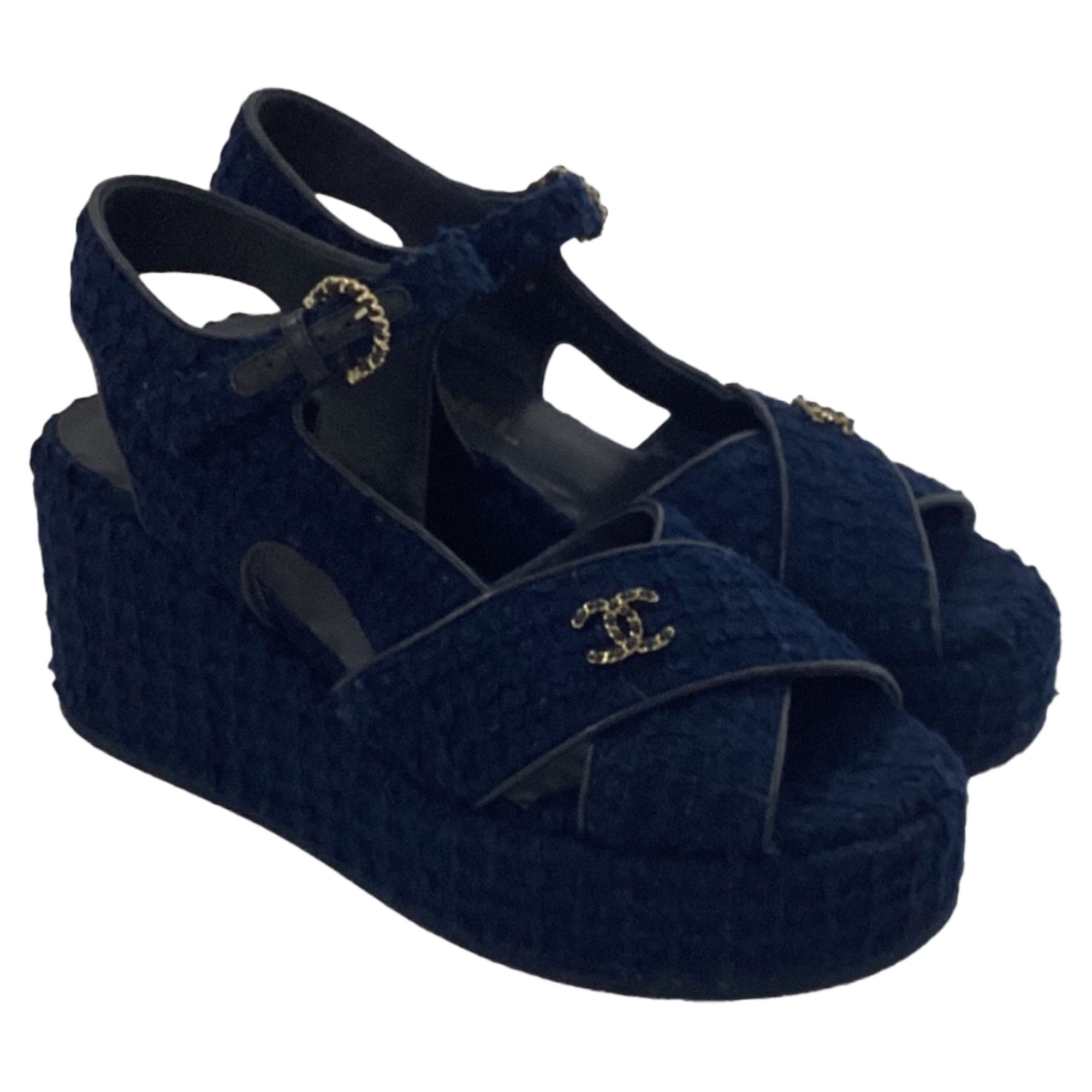 Chanel Chanel CC Wedge Sandals in Blue Cotton Tweed Size US 5.5 / IT 35.5 - 5 Thumbnail