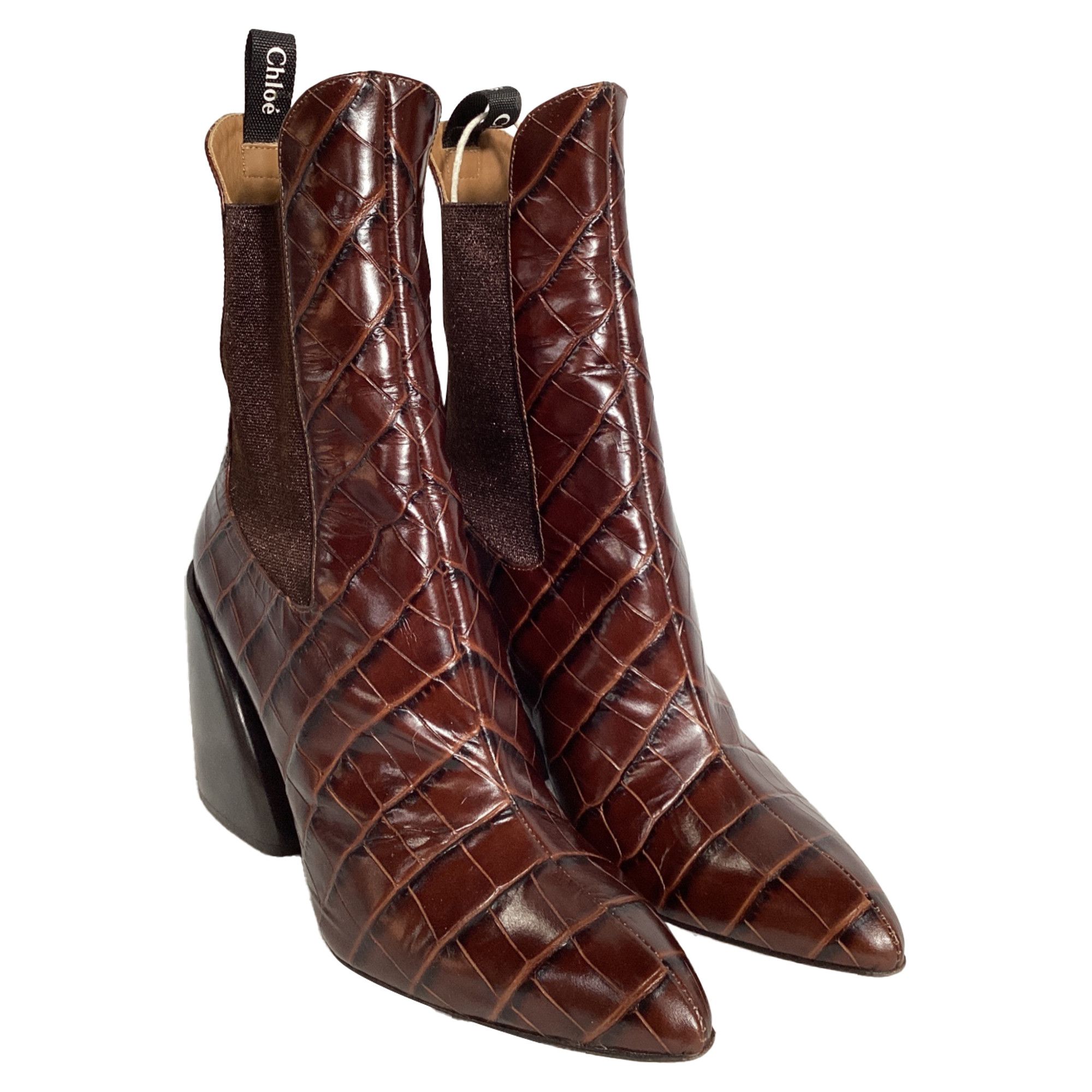 Chloe Chloé Wave Crocodile-Embossed Ankle Boots in Brown Leather Size US 8.5 / IT 38.5 - 3 Thumbnail
