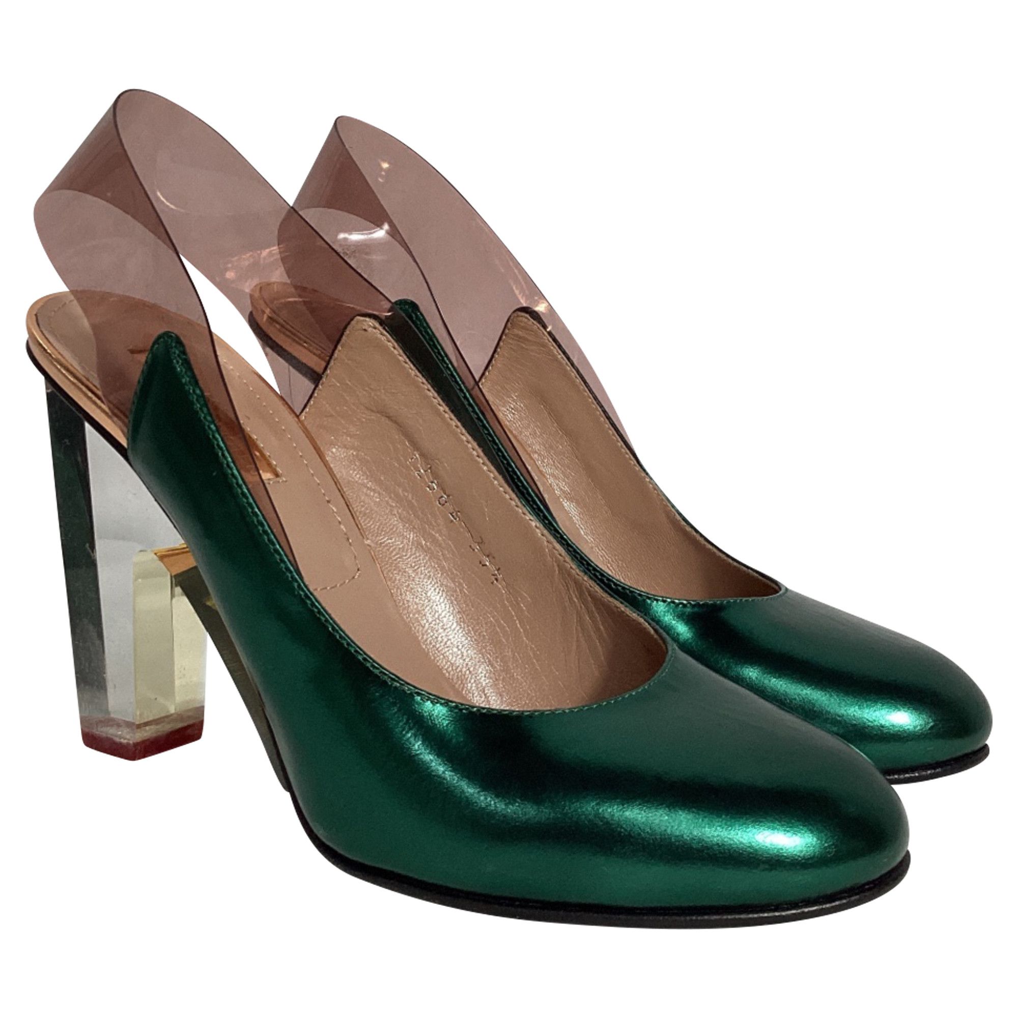 Dries Van Noten Dries Van Noten Metallic Clear Heel Pumps in Green Leather Size US 5.5 / IT 35.5 - 5 Thumbnail
