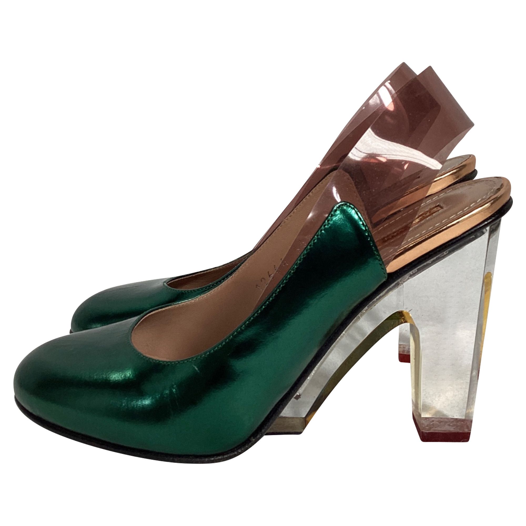 Dries Van Noten Dries Van Noten Metallic Clear Heel Pumps in Green Leather Size US 5.5 / IT 35.5 - 2 Thumbnail