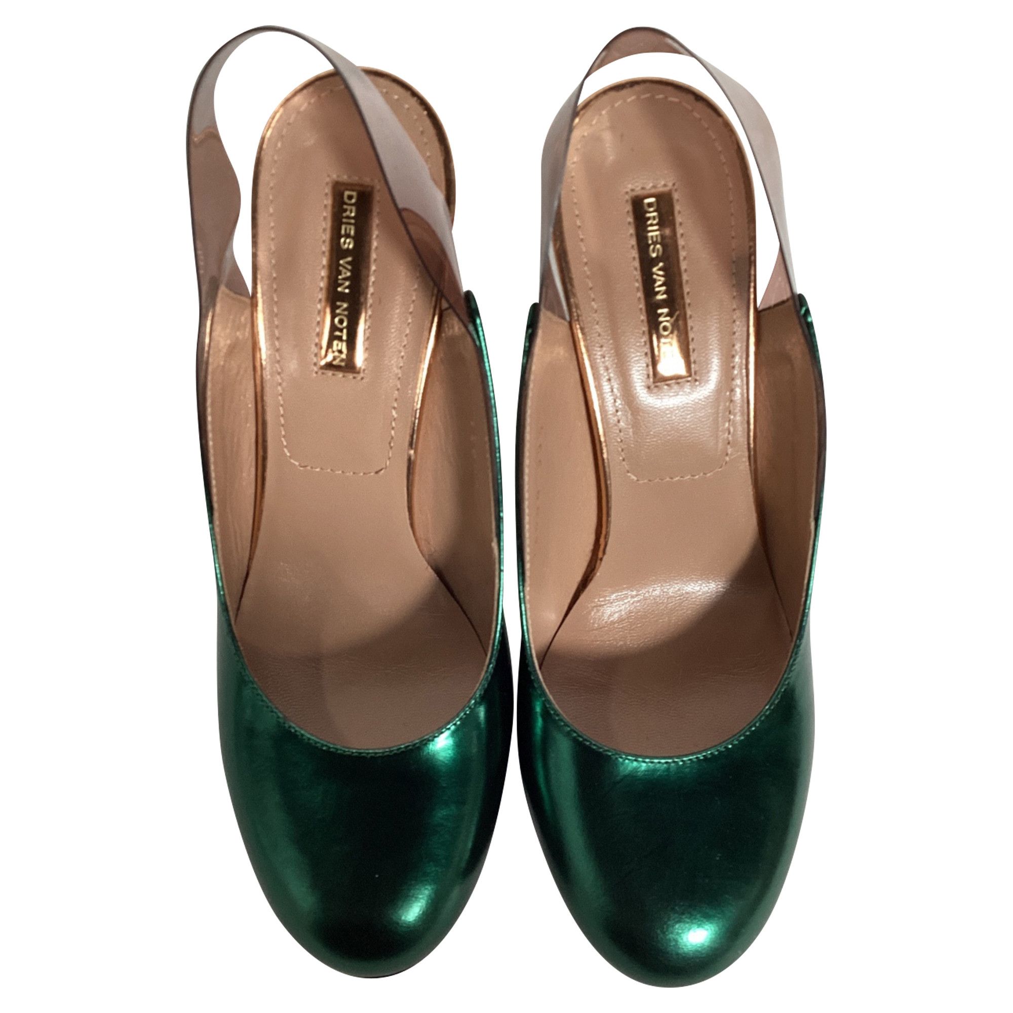 Dries Van Noten Dries Van Noten Metallic Clear Heel Pumps in Green Leather Size US 5.5 / IT 35.5 - 4 Thumbnail