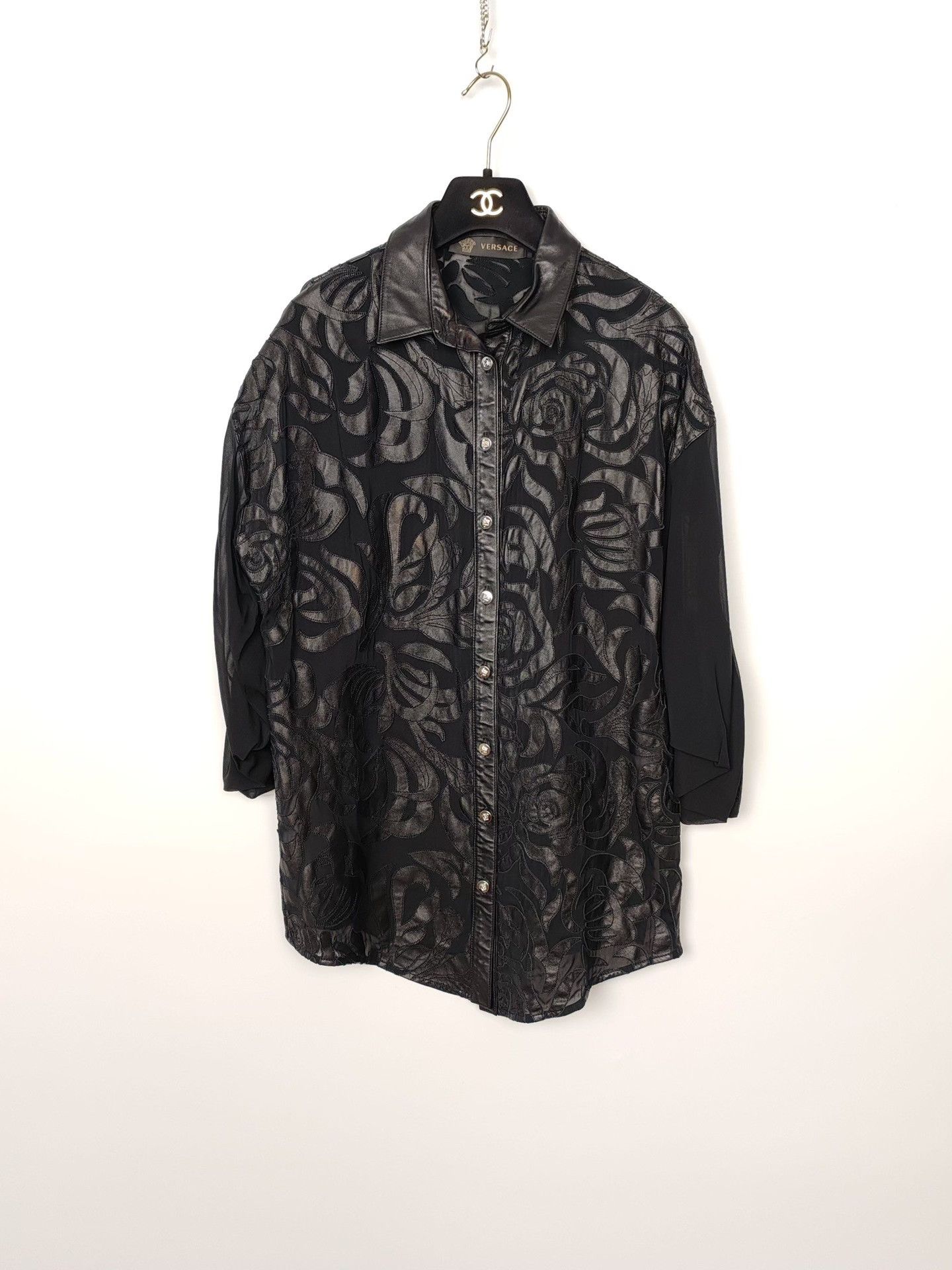 Versace Versace Leather Trim Silk Jacquard Shirt Size 38 Size XS / US 0-2 / IT 36-38 - 2 Thumbnail
