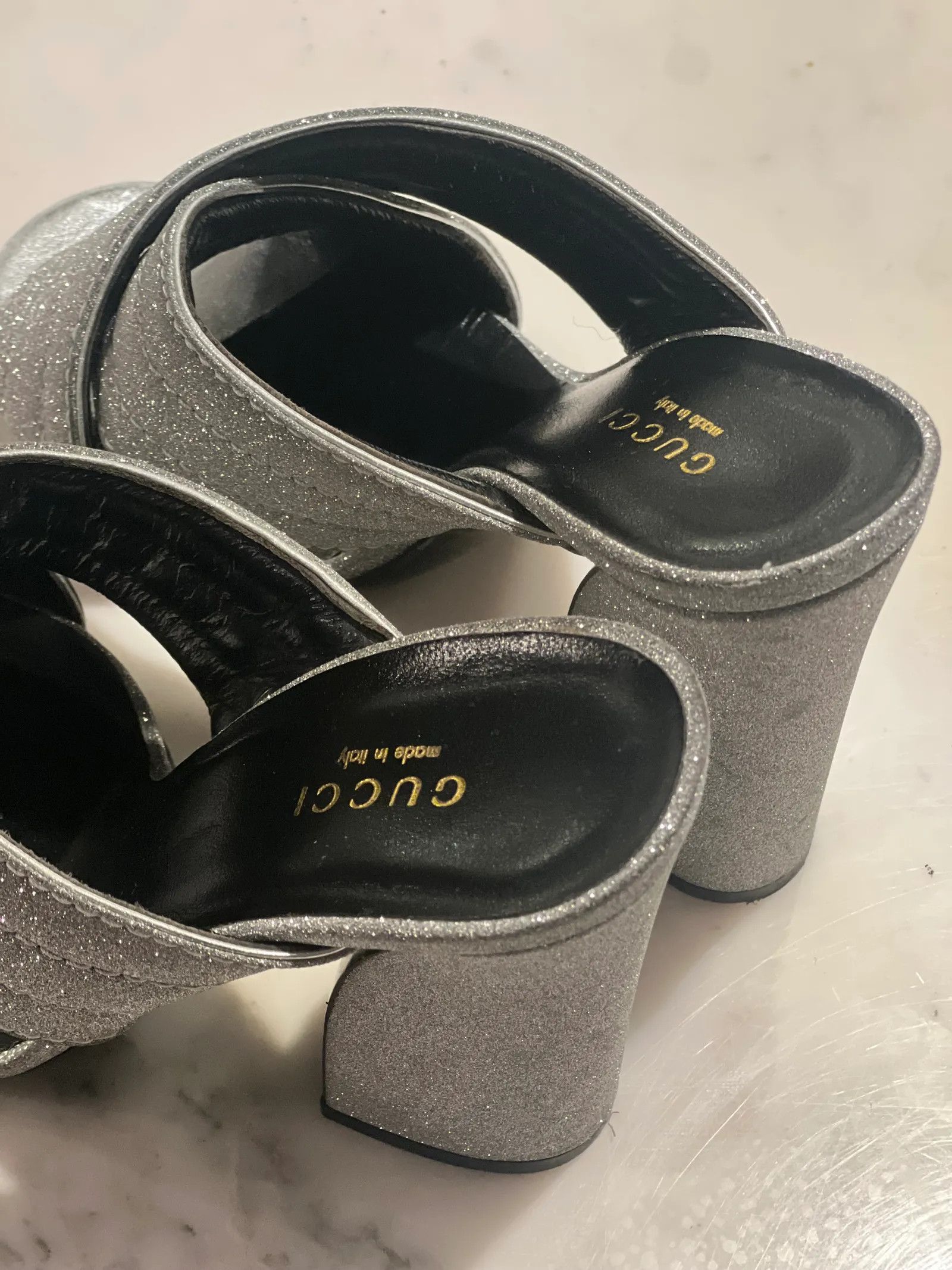 Gucci Gucci Gucci Silver Glitter Webby Slide Sandals Heels Size US 8 / IT 38 - 2 Thumbnail