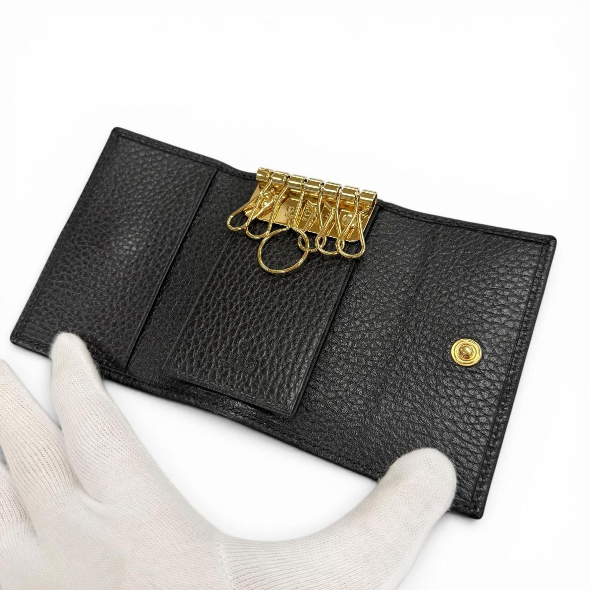 Gucci GUCCI 456118 Leather Double G 6-Key Case, Black with Gold Hardware, Made in Italy, Men's/Women's, Comes Box and Dust Bag. Size ONE SIZE - 6 Thumbnail
