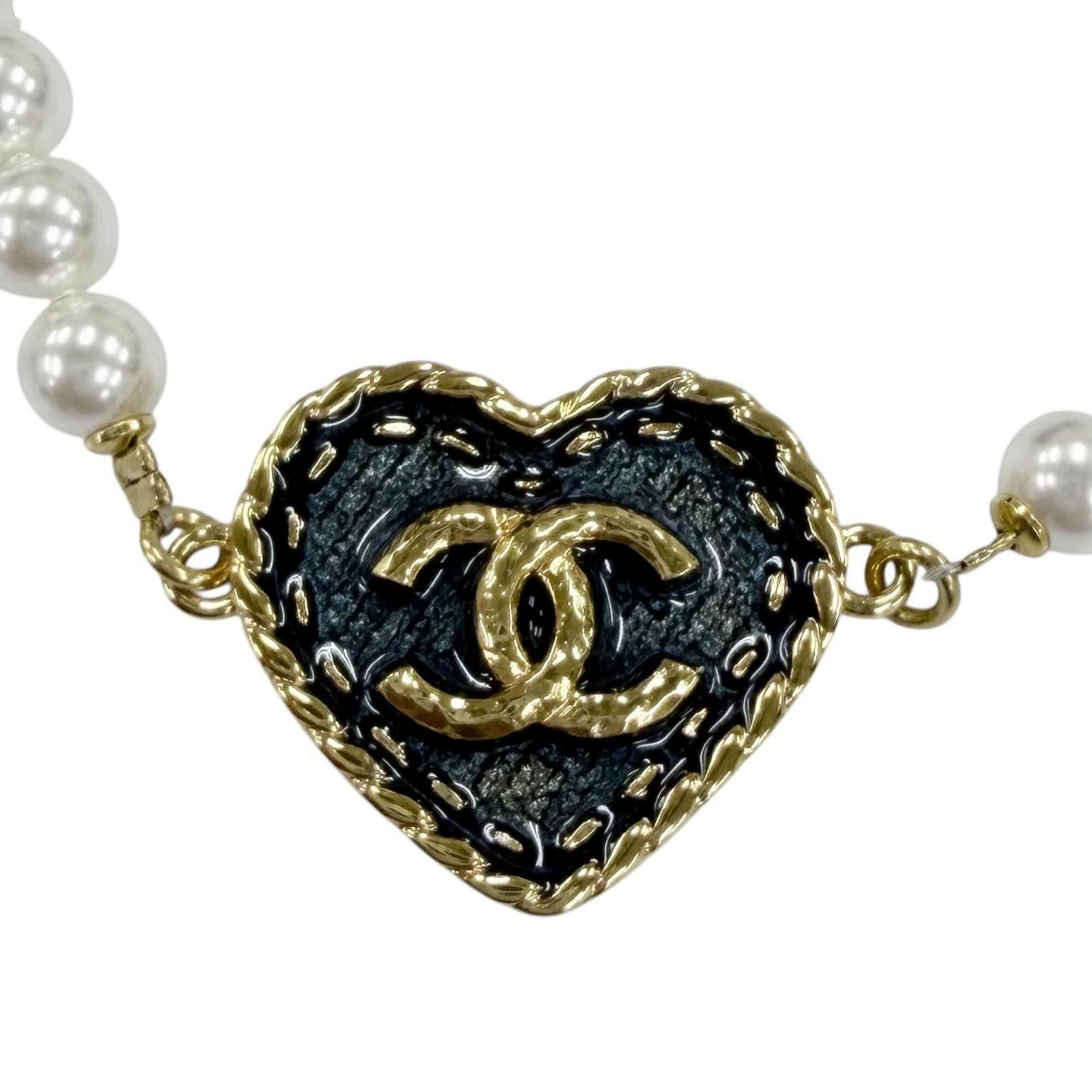 Chanel CHANEL (2024 model) I24P Coco Mark Heart Faux Pearl Denim Design Bracelet, Gold, Made in Italy, Women's. Size ONE SIZE - 2 Thumbnail