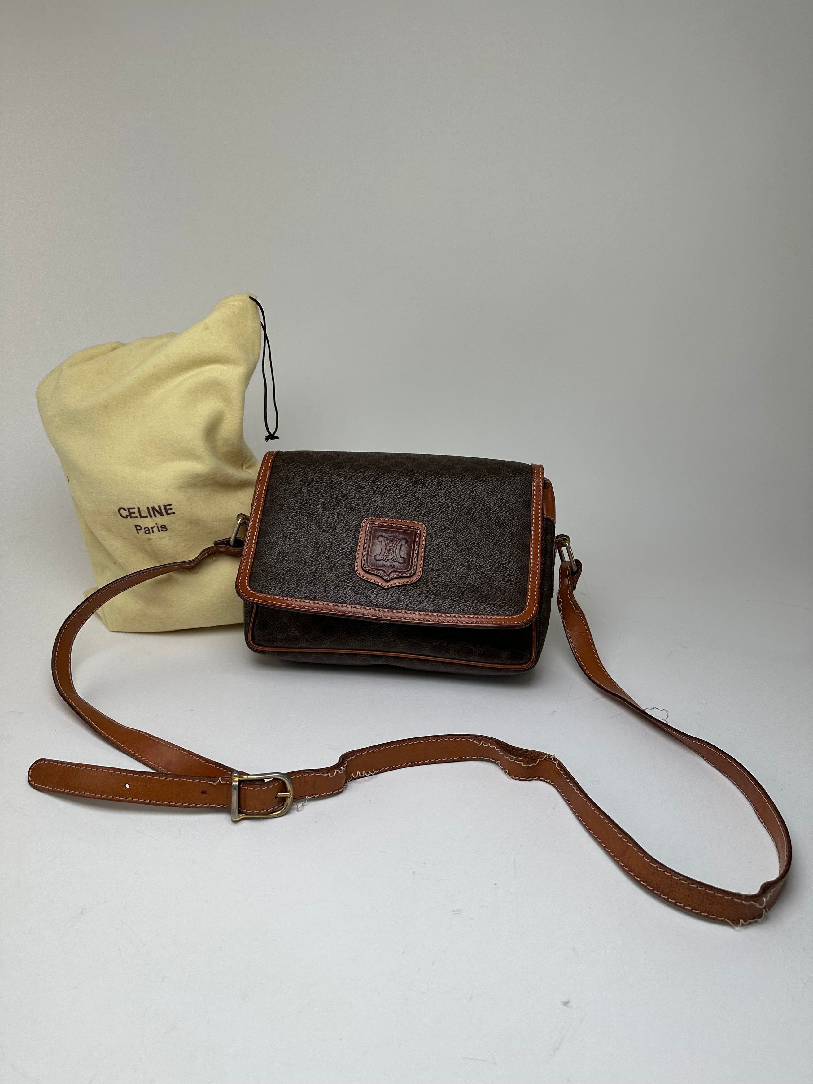 Celine Vintage Macadam Canvas Crossbody Shoulder Bag Dark Brown Size ONE SIZE - 14 Thumbnail