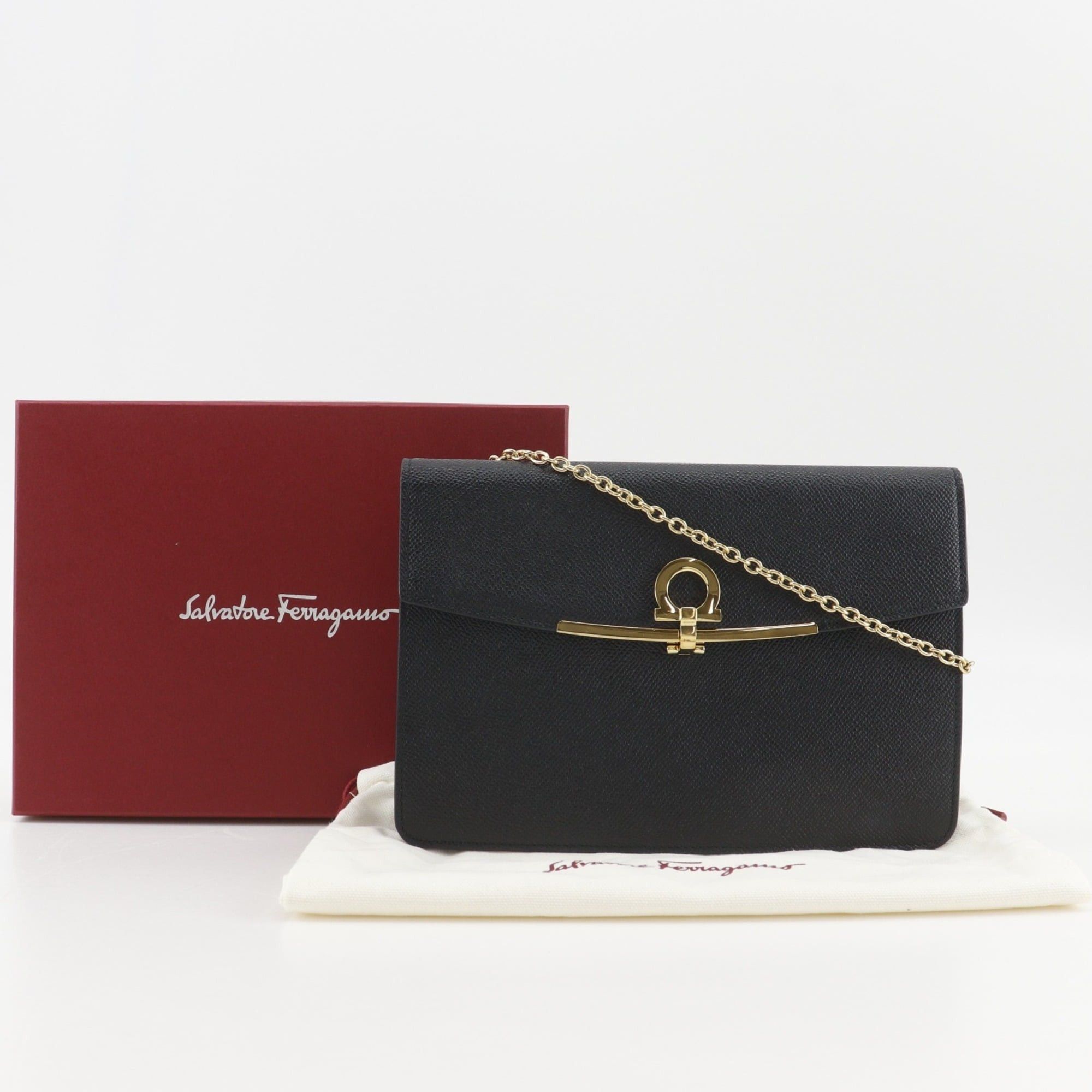 Salvatore Ferragamo Salvatore Ferragamo Gancini Shoulder Bag, Chain 2-Way Clutch, Leather, Black, Flap, Women's Size ONE SIZE - 16 Thumbnail