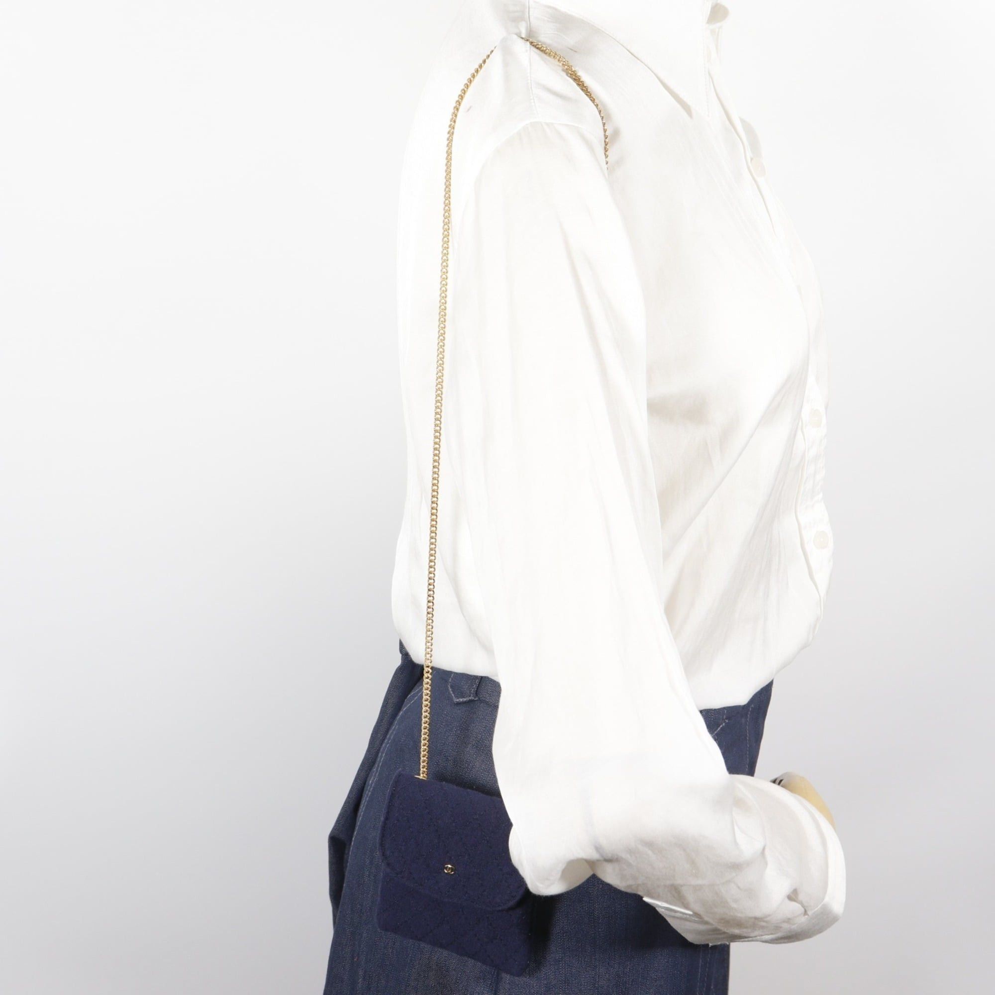 Chanel Chanel Chain Pouch, Micro Matelassé Cotton, Navy, Snap Button, Women's Size ONE SIZE - 17 Thumbnail