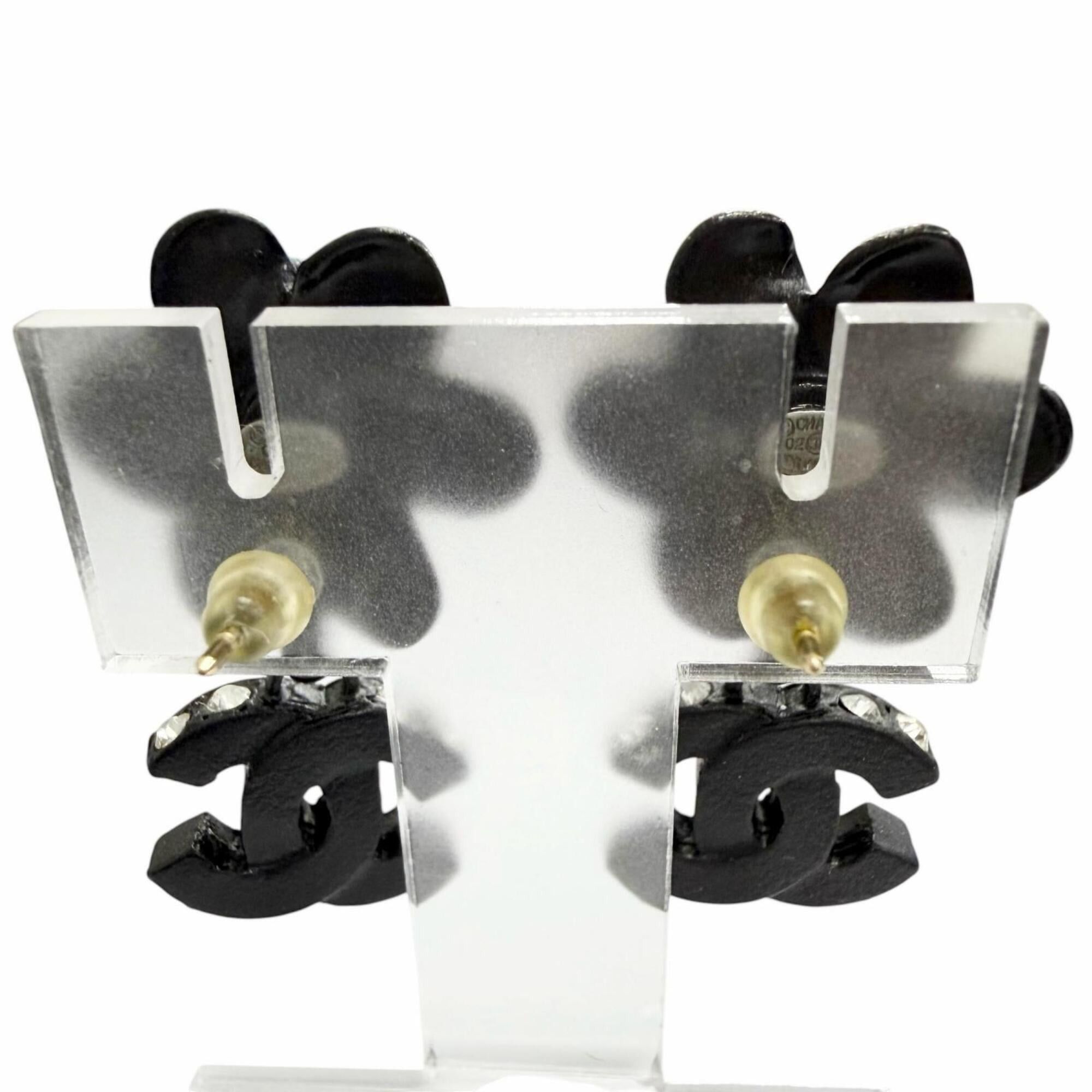 Chanel CHANEL Vintage 02A Camellia Coco Mark Rhinestone Earrings (Pair) Black, Made in France, Women's, with Box Size ONE SIZE - 4 Thumbnail