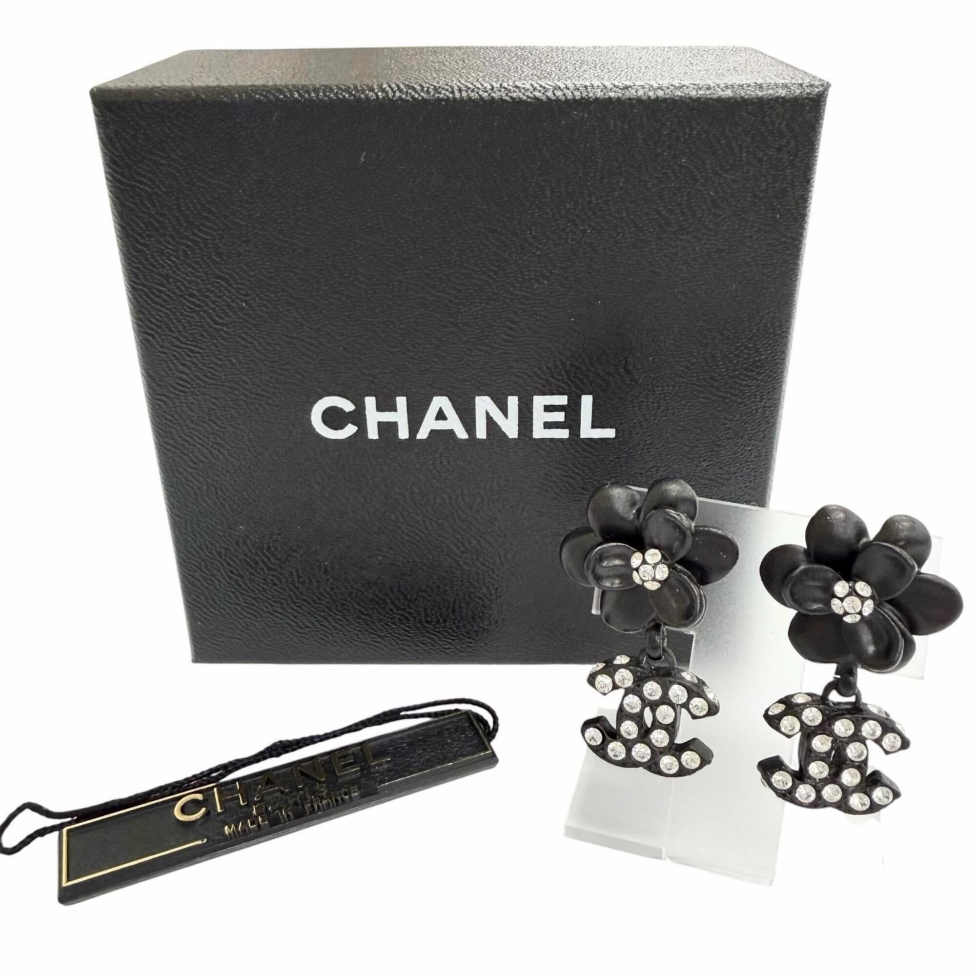 Chanel CHANEL Vintage 02A Camellia Coco Mark Rhinestone Earrings (Pair) Black, Made in France, Women's, with Box Size ONE SIZE - 2 Thumbnail