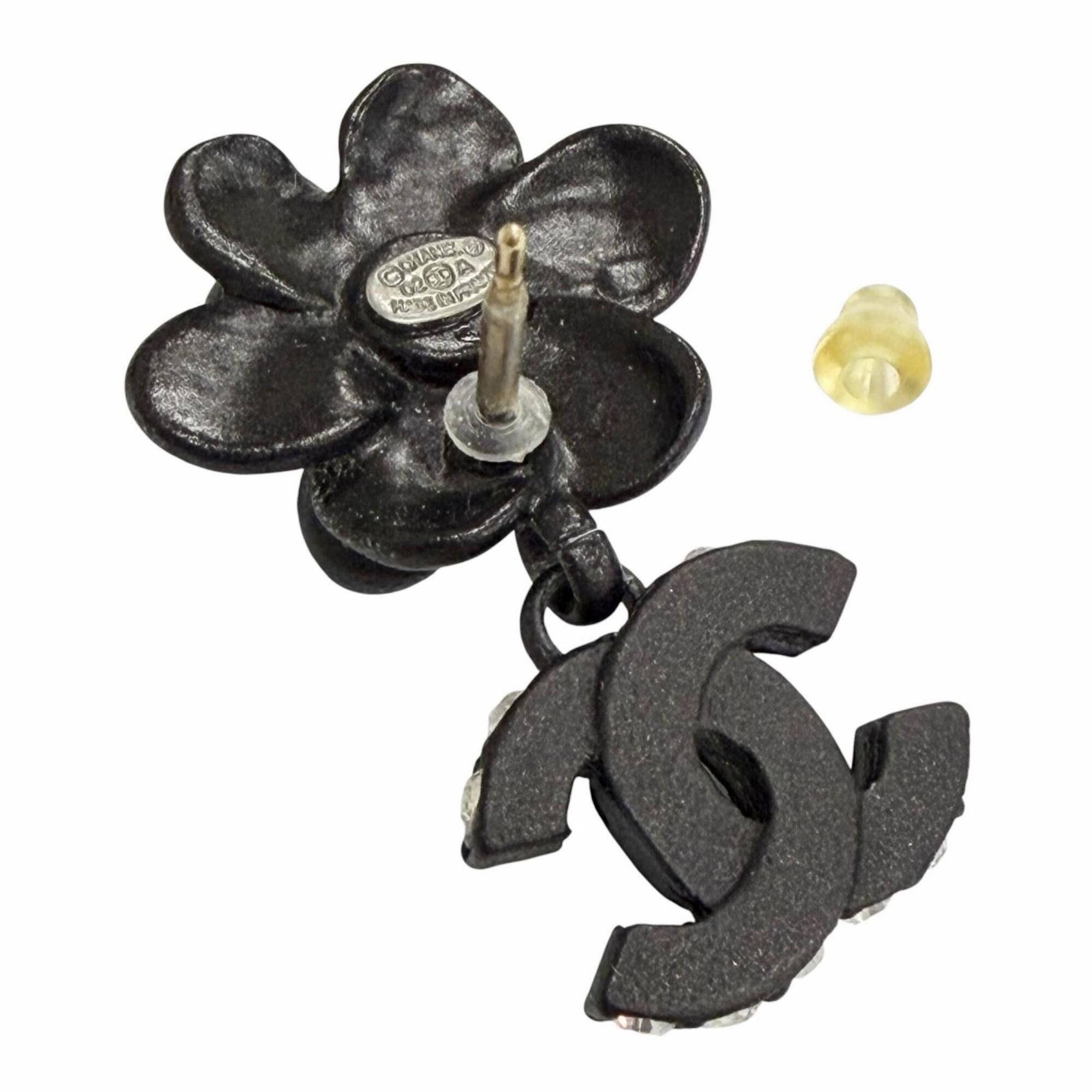 Chanel CHANEL Vintage 02A Camellia Coco Mark Rhinestone Earrings (Pair) Black, Made in France, Women's, with Box Size ONE SIZE - 5 Thumbnail
