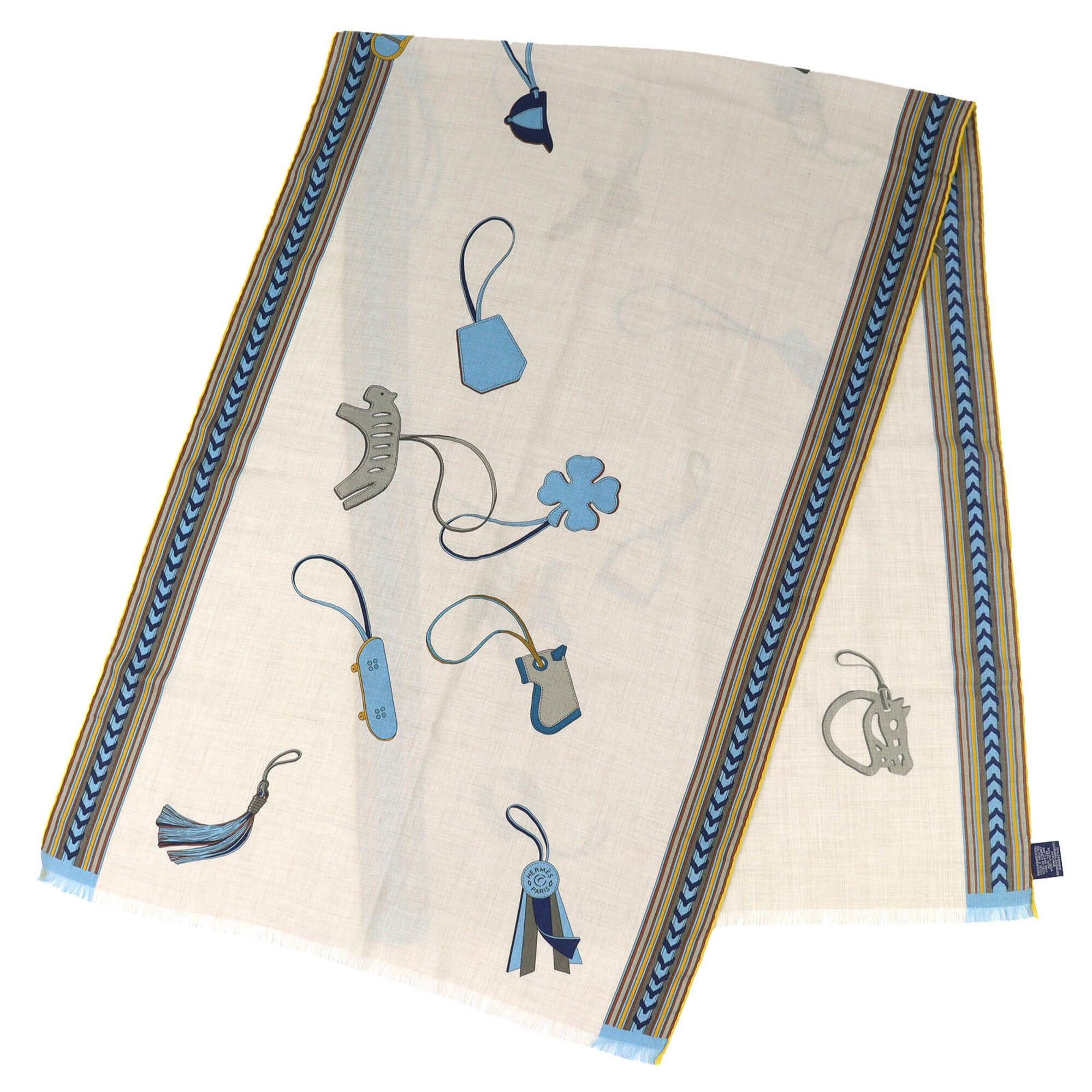 Hermes HERMES Rectangle BRIDES ET GRIS (Bridles and Charms) Cashmere Silk Fringe Scarf/Muffler/Stole/Muffler in Beige, Blue, Yellow. Comes with a box. Made France. Recommended for both women men. Size ONE SIZE - 3 Thumbnail