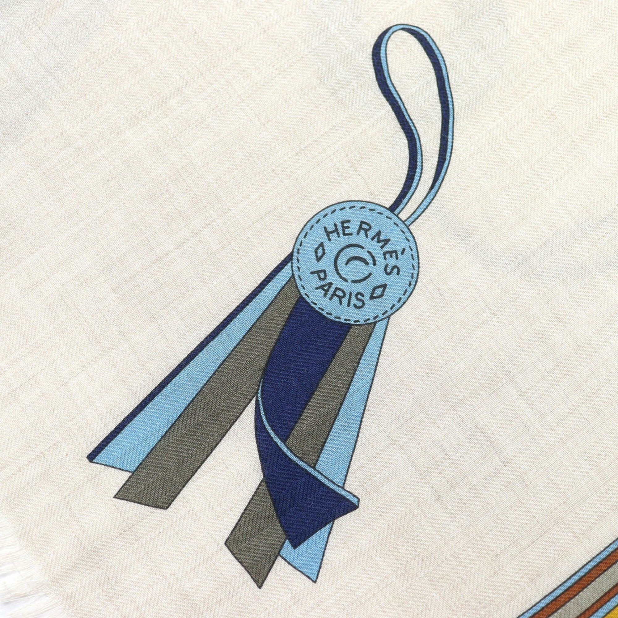 Hermes HERMES Rectangle BRIDES ET GRIS (Bridles and Charms) Cashmere Silk Fringe Scarf/Muffler/Stole/Muffler in Beige, Blue, Yellow. Comes with a box. Made France. Recommended for both women men. Size ONE SIZE - 5 Thumbnail
