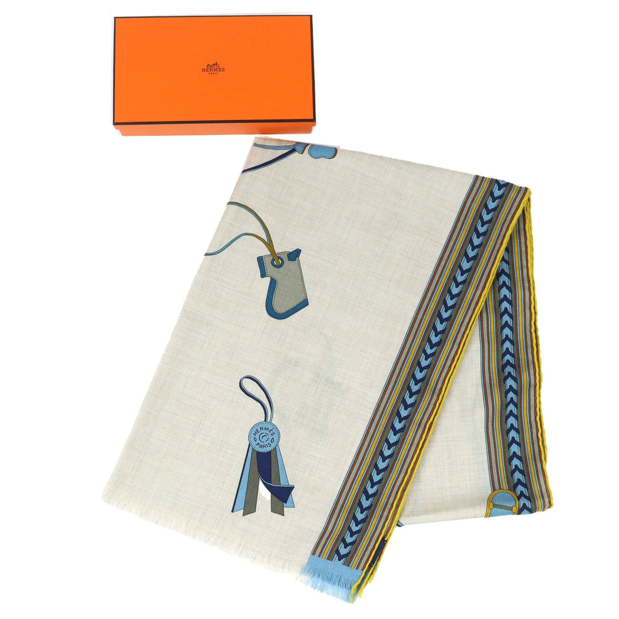 Hermes HERMES Rectangle BRIDES ET GRIS (Bridles and Charms) Cashmere Silk Fringe Scarf/Muffler/Stole/Muffler in Beige, Blue, Yellow. Comes with a box. Made France. Recommended for both women men. Size ONE SIZE - 2 Thumbnail
